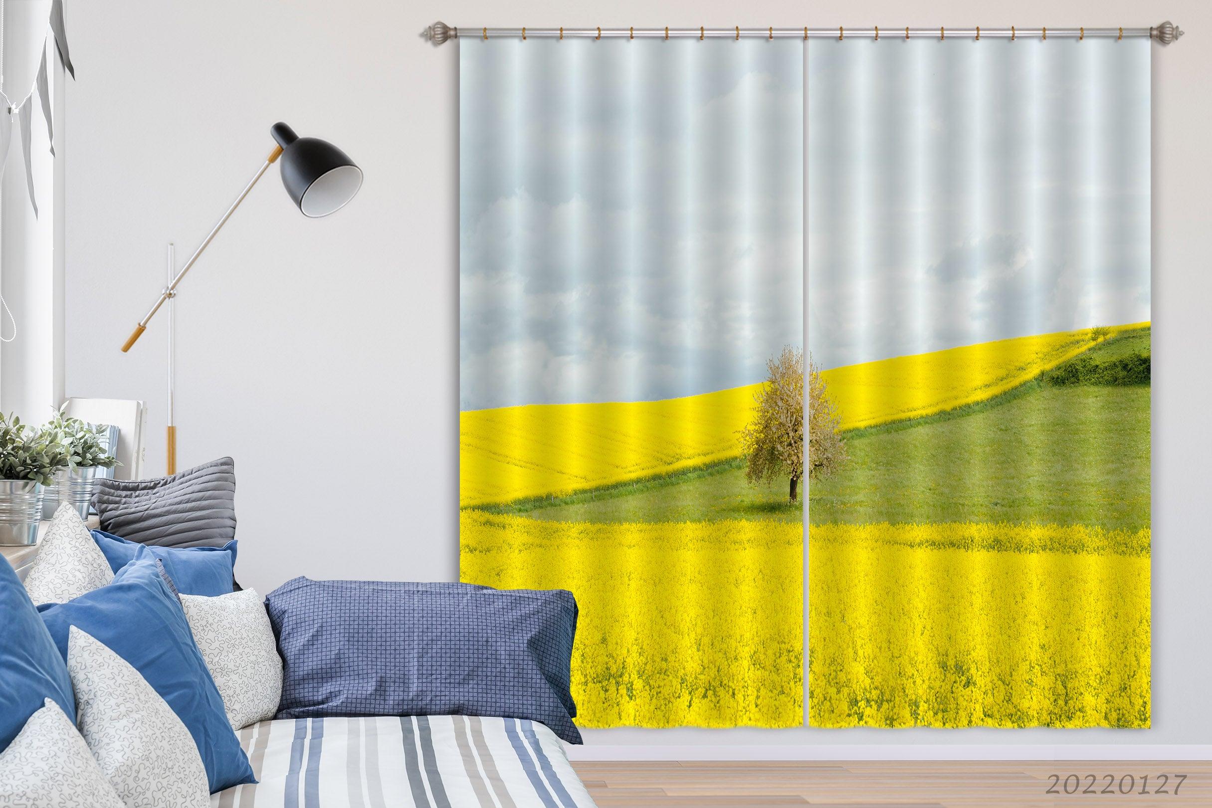 3D Yellow Rape Flower Field Tree Green Meadow Curtains and Drapes GD 1485- Jess Art Decoration