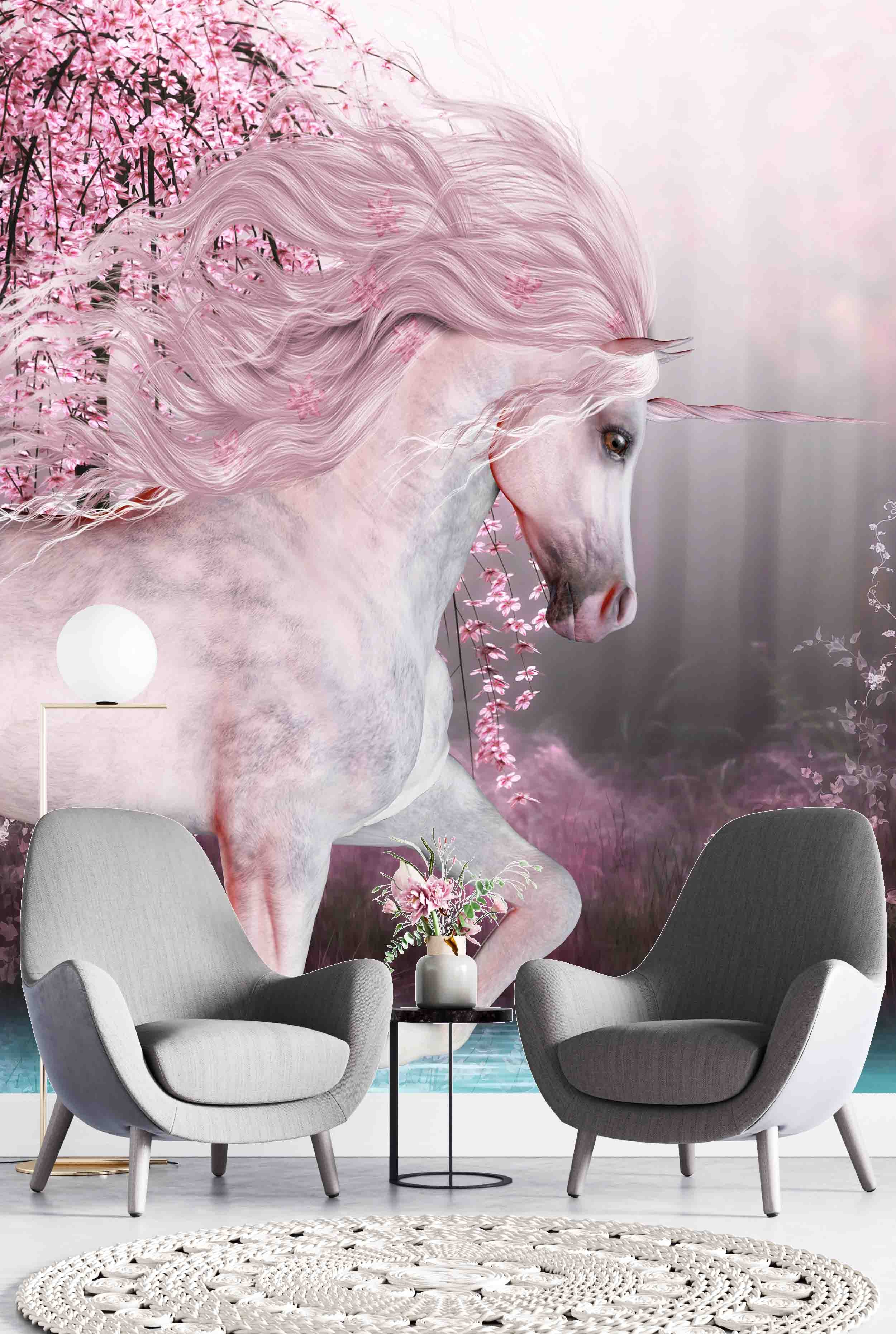 3D Noble Mysterious White Unicorn Pink Flower Wall Mural Wallpaper best seller D60