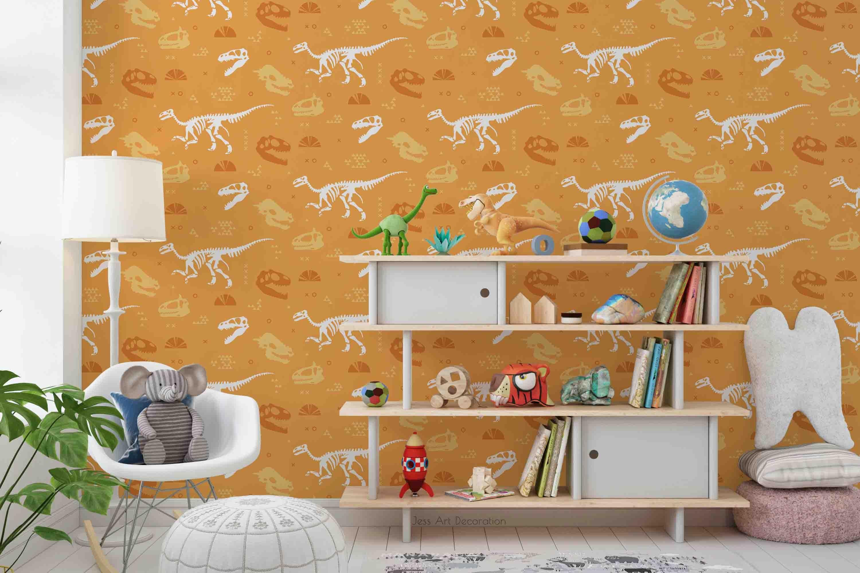 3D Dinosaur Skeleton Yellow Background Wall Mural Wallpaper GD 3168- Jess Art Decoration