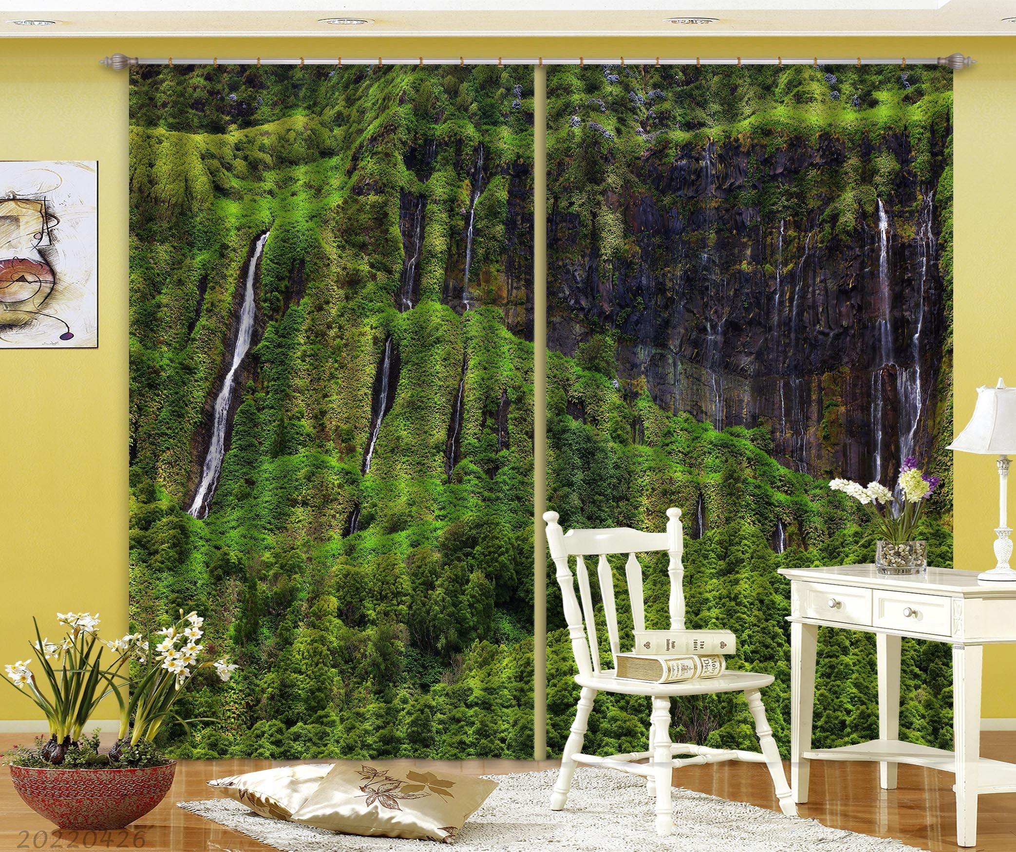 3D Landscape Mountain Forest Waterfall Green Tree Curtains and Drapes GD 4896- Jess Art Decoration