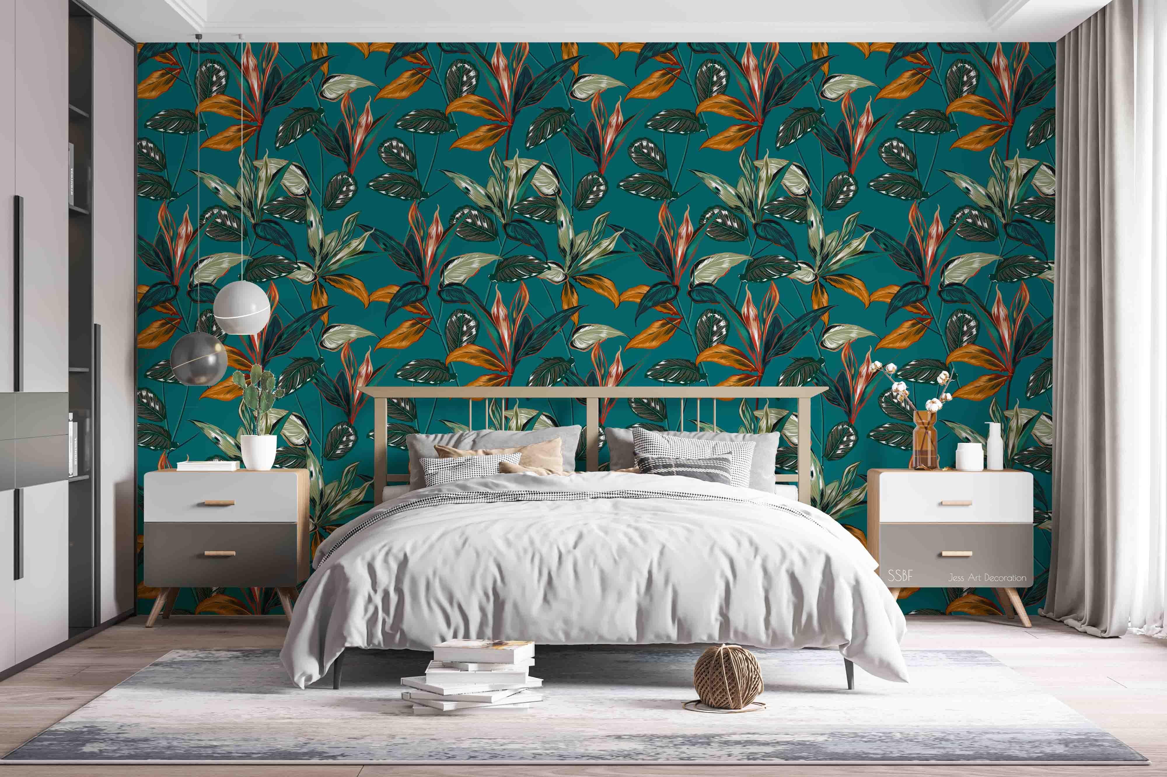 3D Vintage Baroque Art Plant Leaf Blue Background Wall Mural Wallpaper GD 3579- Jess Art Decoration