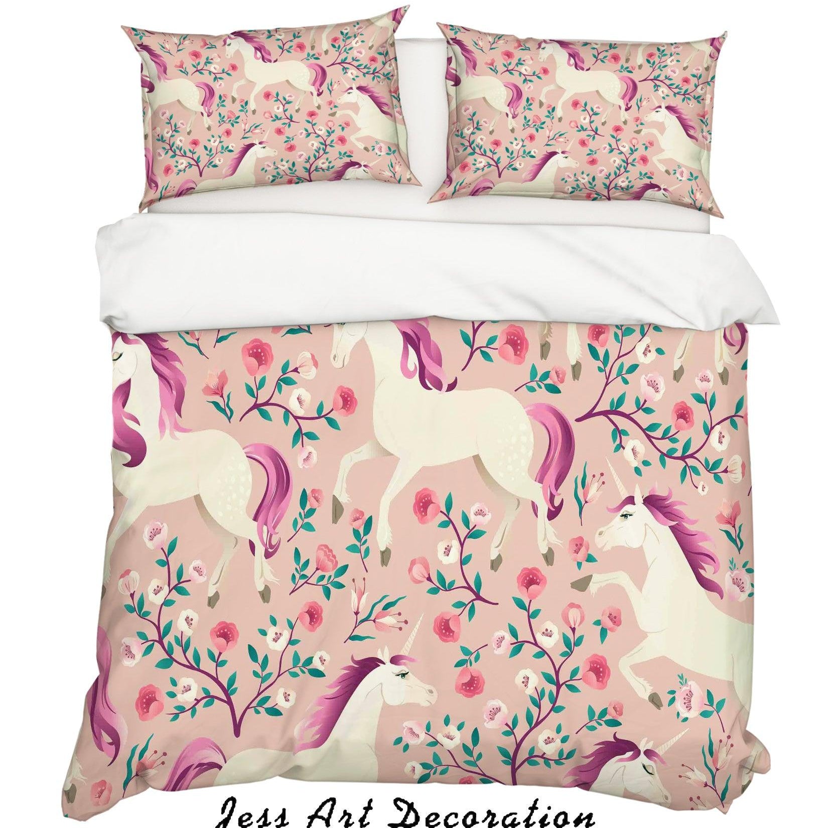 3D Cartoon Unicorn Floral Quilt Cover Set Bedding Set Pillowcases 62- Jess Art Decoration
