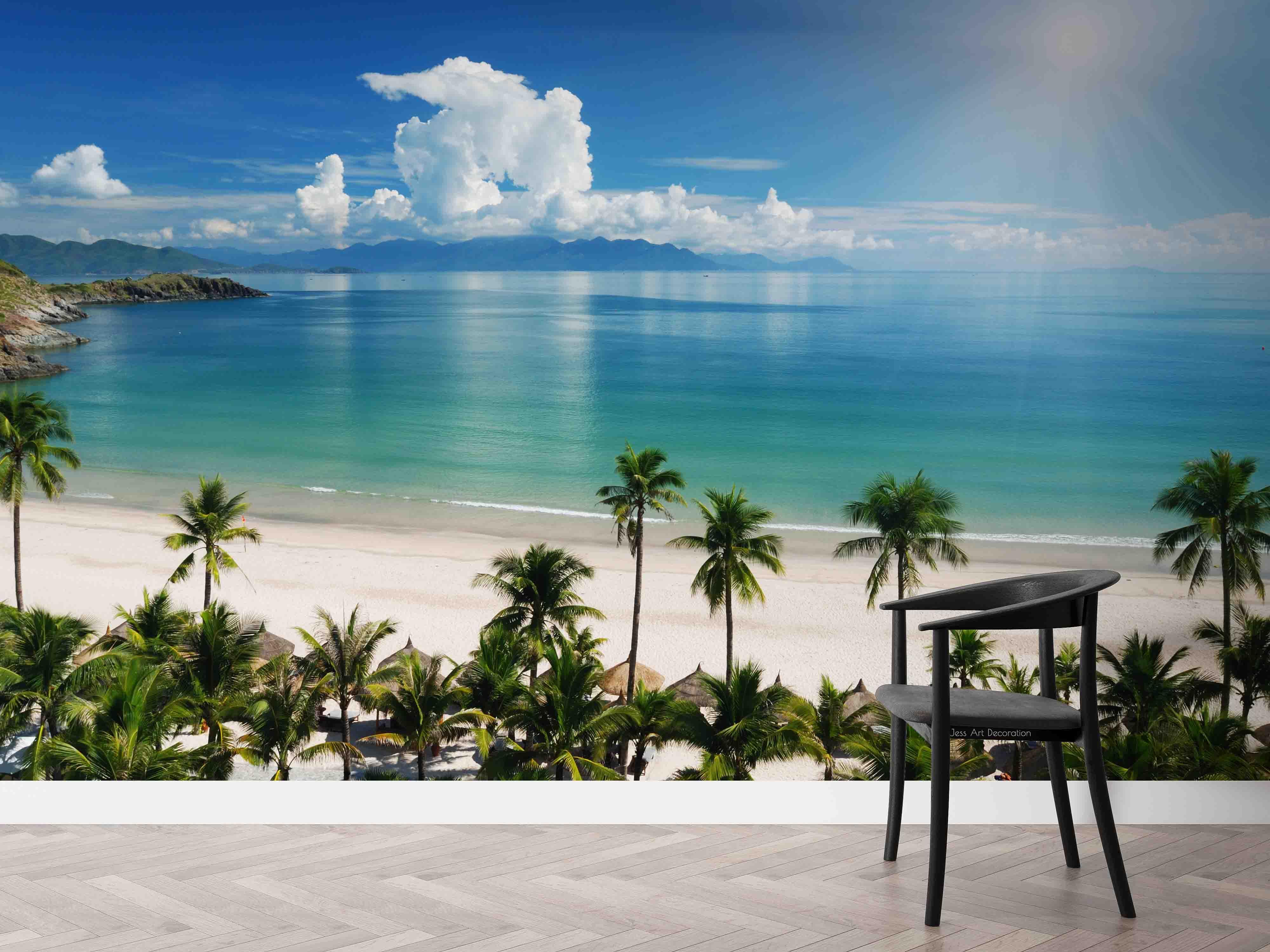 3D Sunshine Sky White Cloud Sea Mountain Coconut Palm Tree Beach Wall Mural Wallpaper GD 2410- Jess Art Decoration