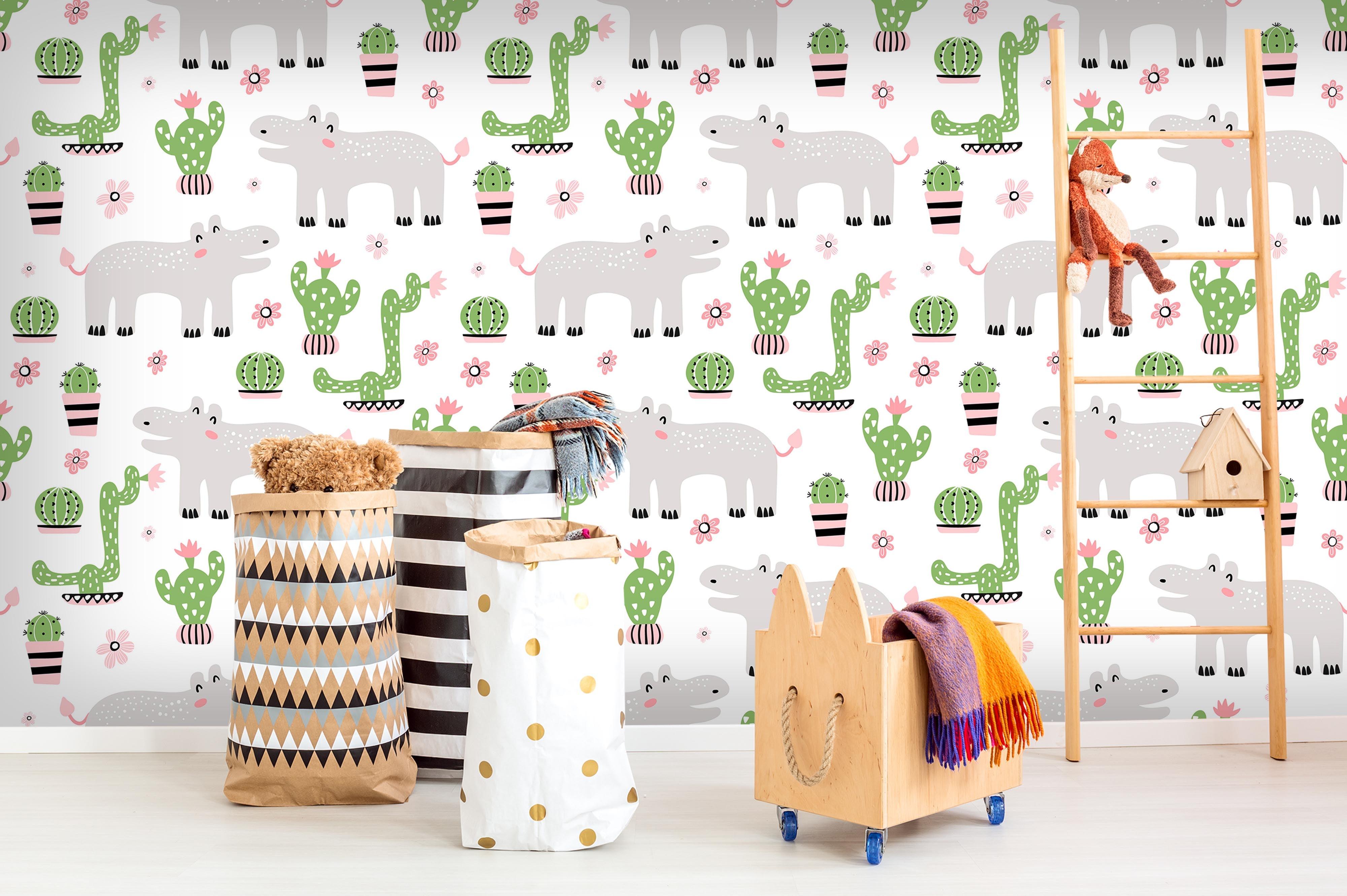 3D cartoon hippo green cactus wall mural wallpaper 26- Jess Art Decoration