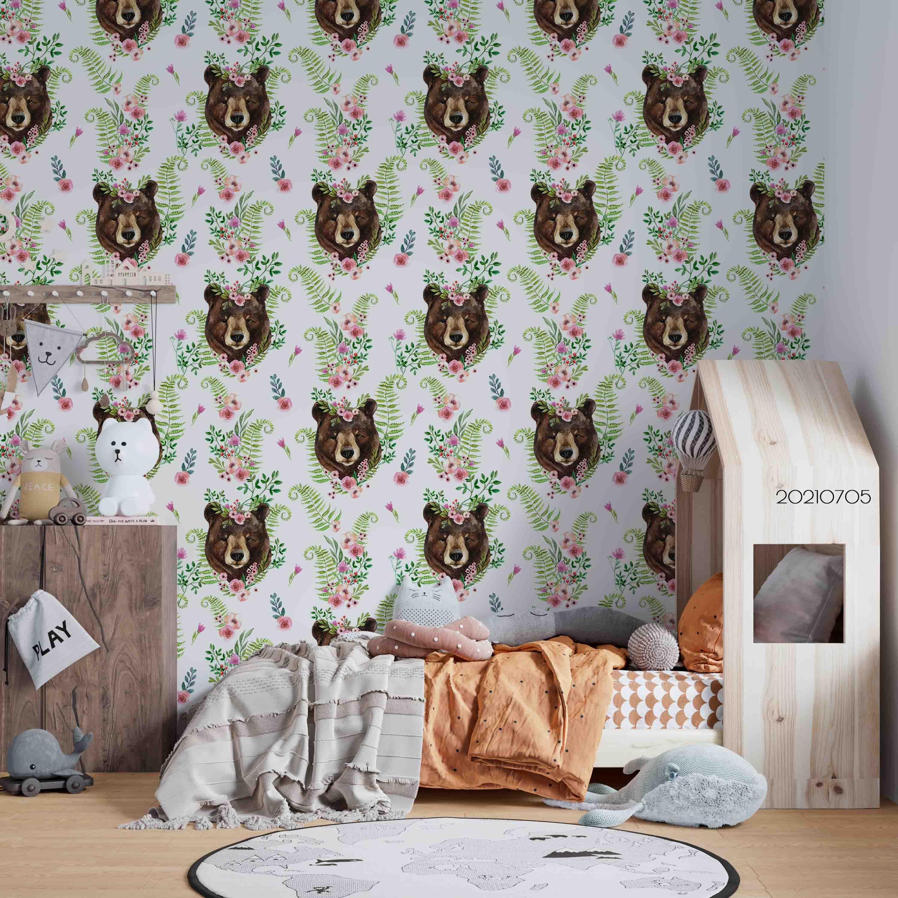 3D Hand Drawn Bear Floral Leaf Wall Mural Wallpaper LQH 140- Jess Art Decoration