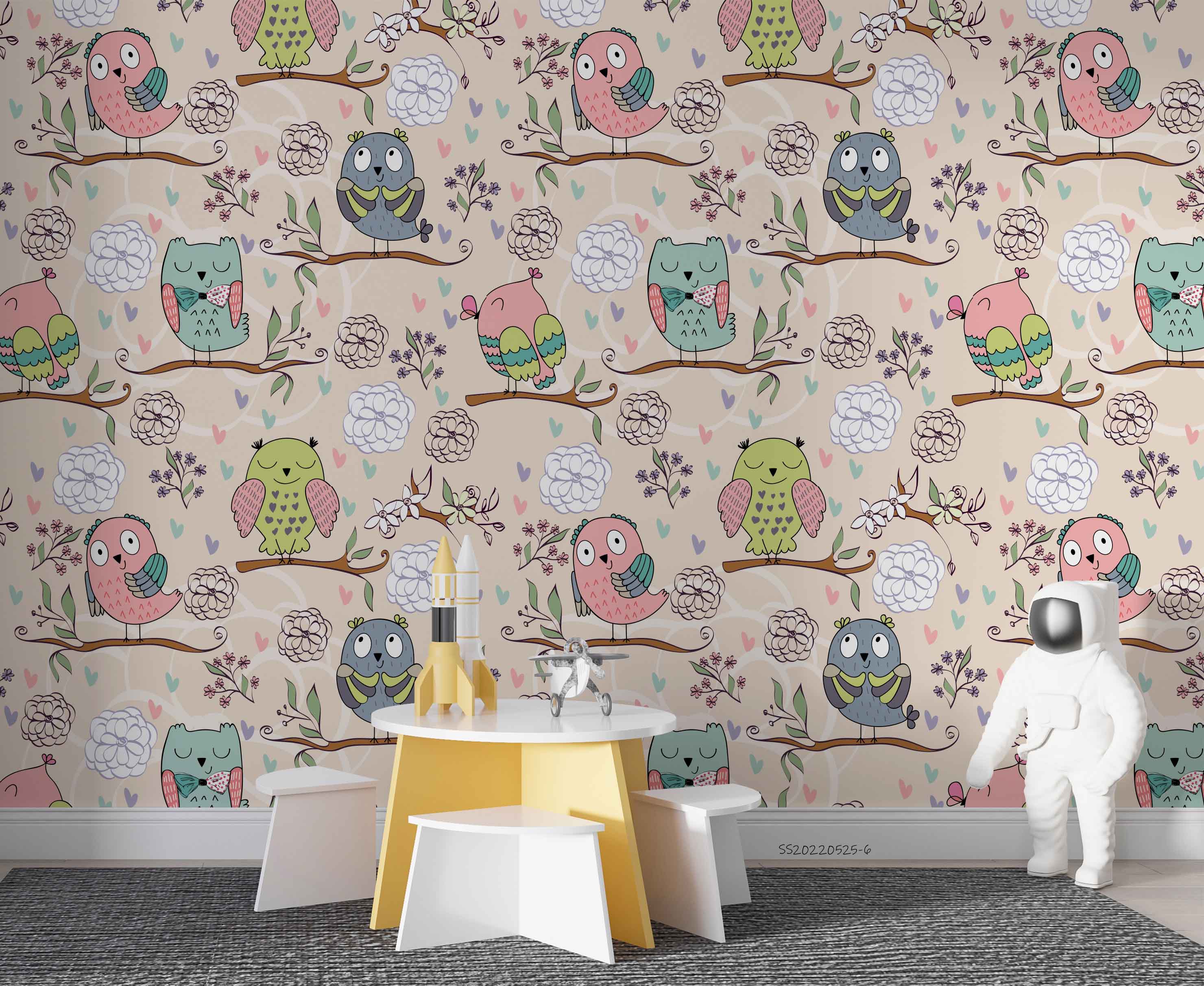 3D Cartoon Cute Owl Branches Floral Pattern Wall Mural Wallpaper GD 1259- Jess Art Decoration