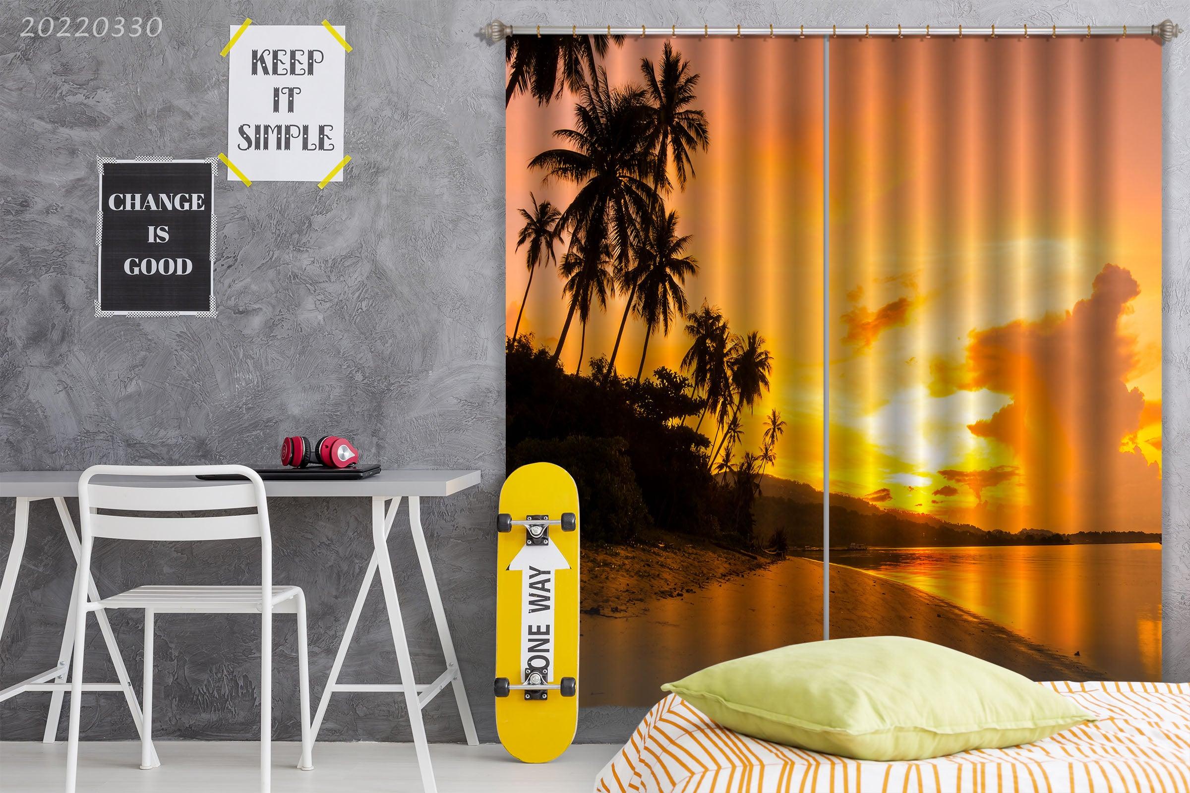 3D Landscape Ocean Beach Coconut Tree Sunrise Curtains and Drapes GD 3736- Jess Art Decoration