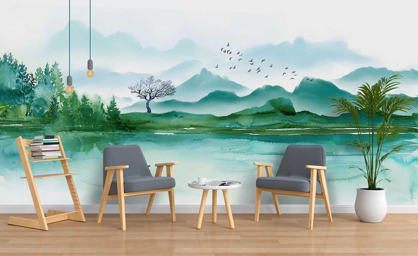3D Mountain Trees Birds Wall Mural Wallpaper SF76- Jess Art Decoration