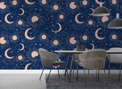 3D Sun Crescent Moon Stars Blue Background Wall Mural Wallpaper GD 433- Jess Art Decoration