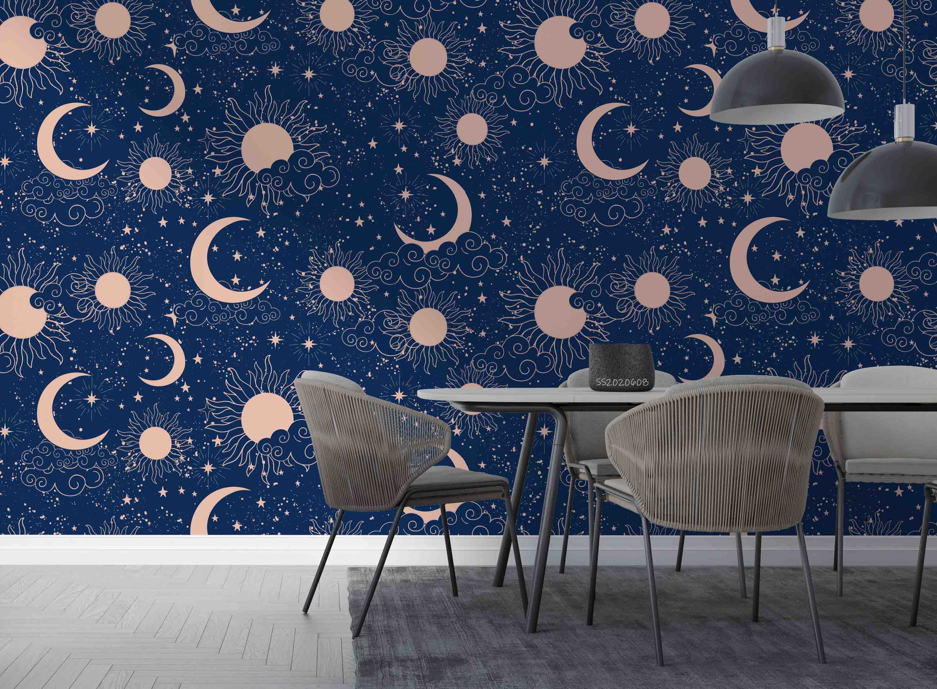 3D Sun Crescent Moon Stars Blue Background Wall Mural Wallpaper GD 433- Jess Art Decoration
