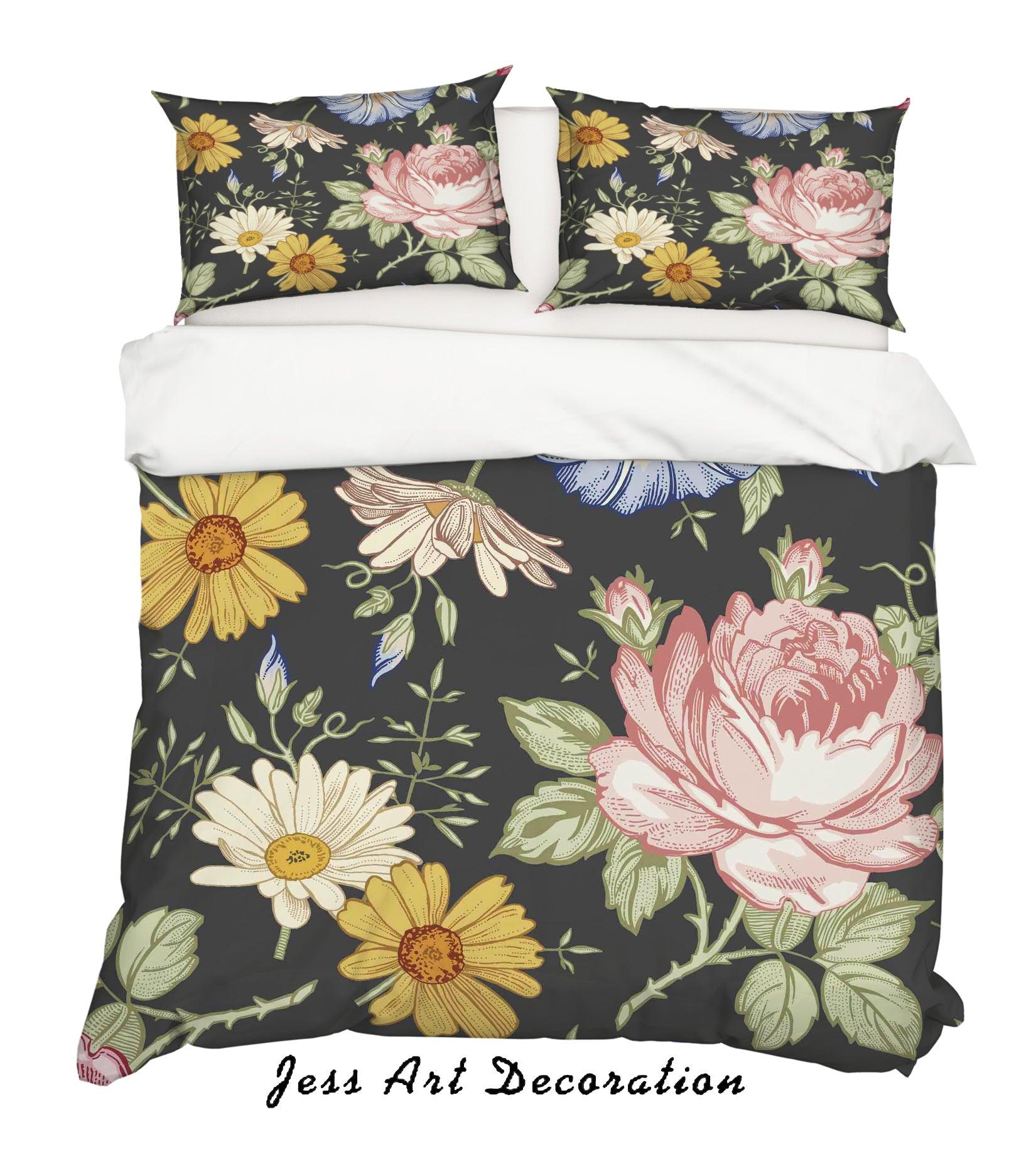 3D Black Floral Quilt Cover Set Bedding Set Pillowcases SF03- Jess Art Decoration