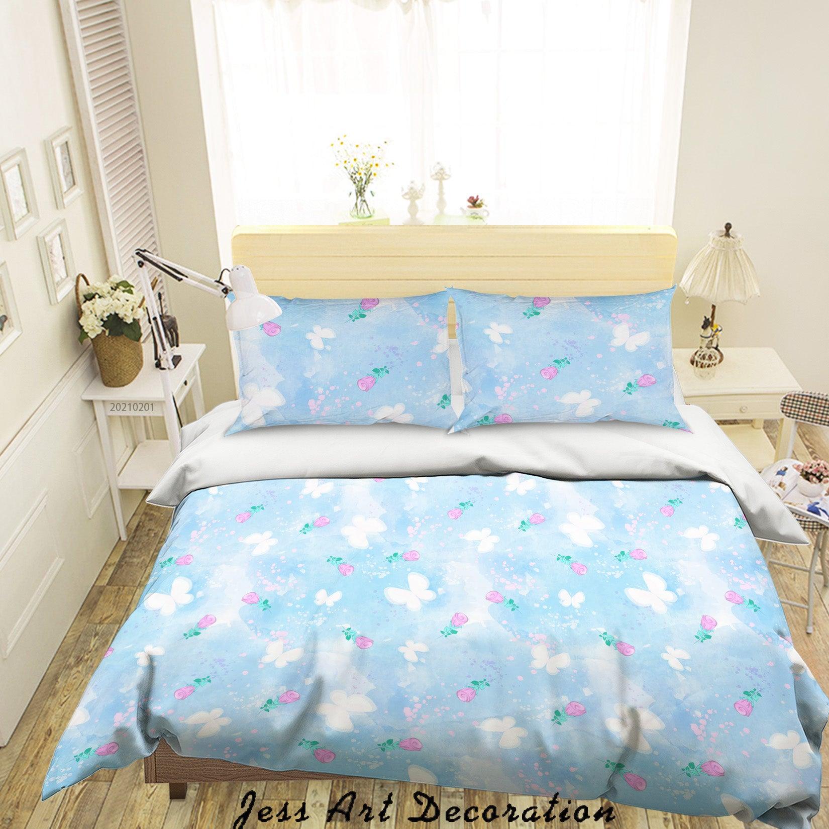 3D Watercolor Blue Butterfly Floral Quilt Cover Set Bedding Set Duvet Cover Pillowcases 101- Jess Art Decoration