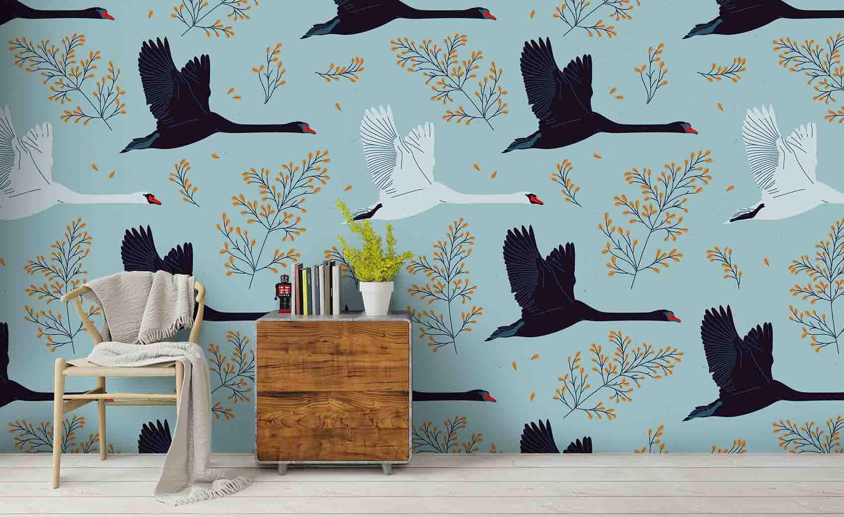 3D Blue Swan Branch Wall Mural Wallpaper SF83- Jess Art Decoration