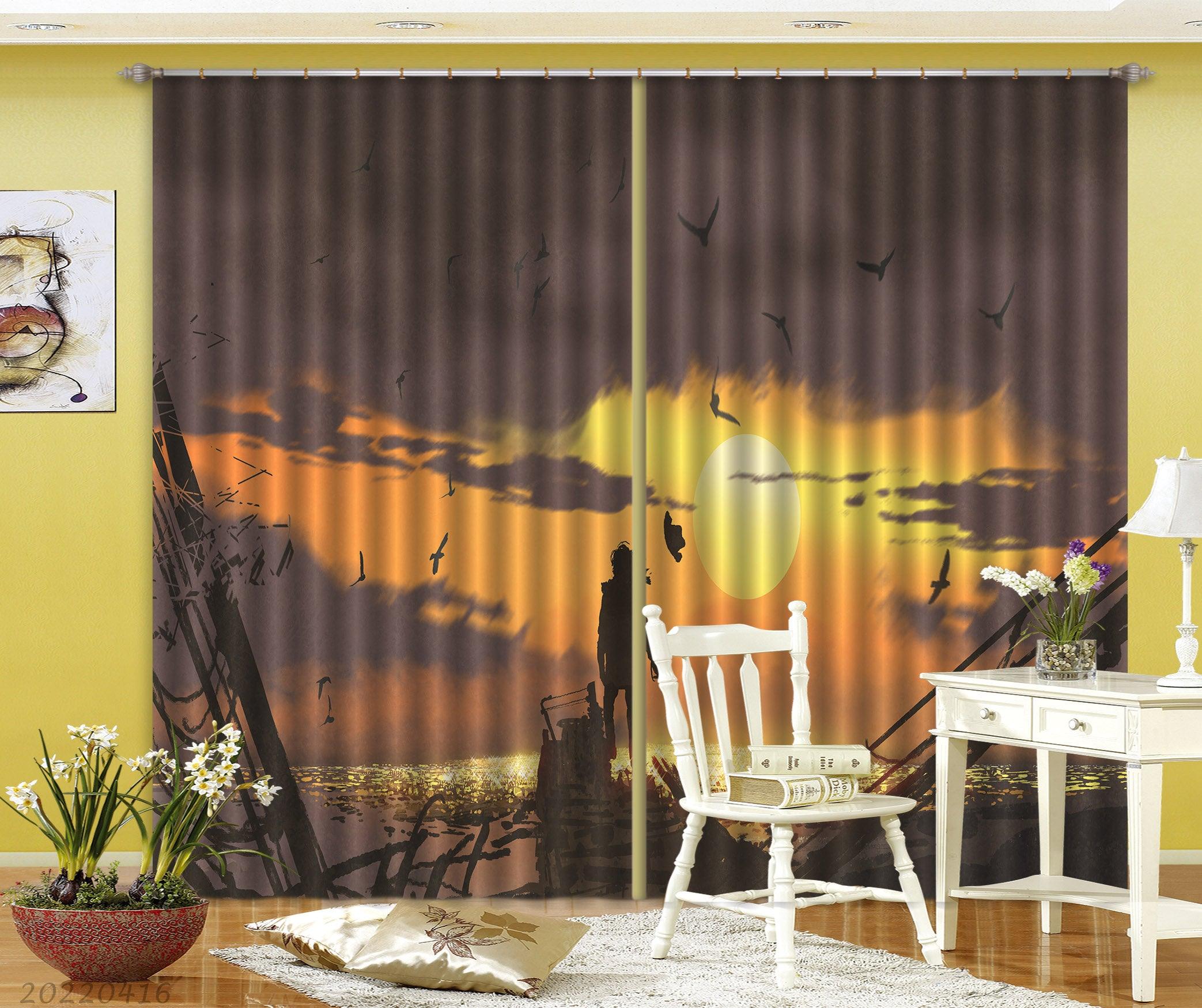 3D Pirate Sword Standing Ruin Ship Golden Treasure Sunset Painting Curtains and Drapes GD 4635- Jess Art Decoration