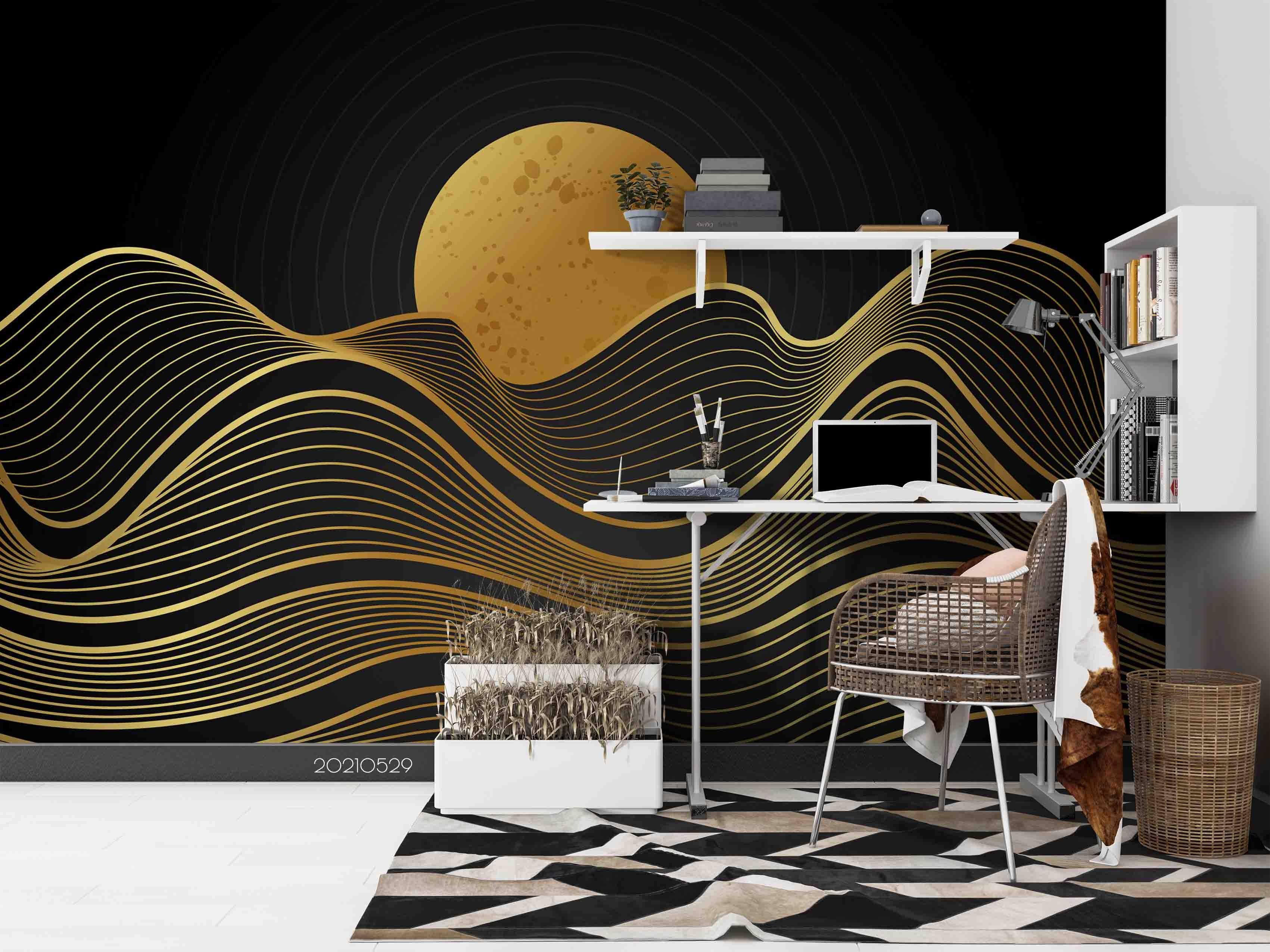 3D Gradient Golden Linear Moon Wall Mural Wallpaper SWW503- Jess Art Decoration