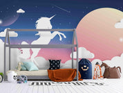 3D Cartoon Space White Unicorn Pink Moon Wall Mural Wallpaper LXL 260- Jess Art Decoration