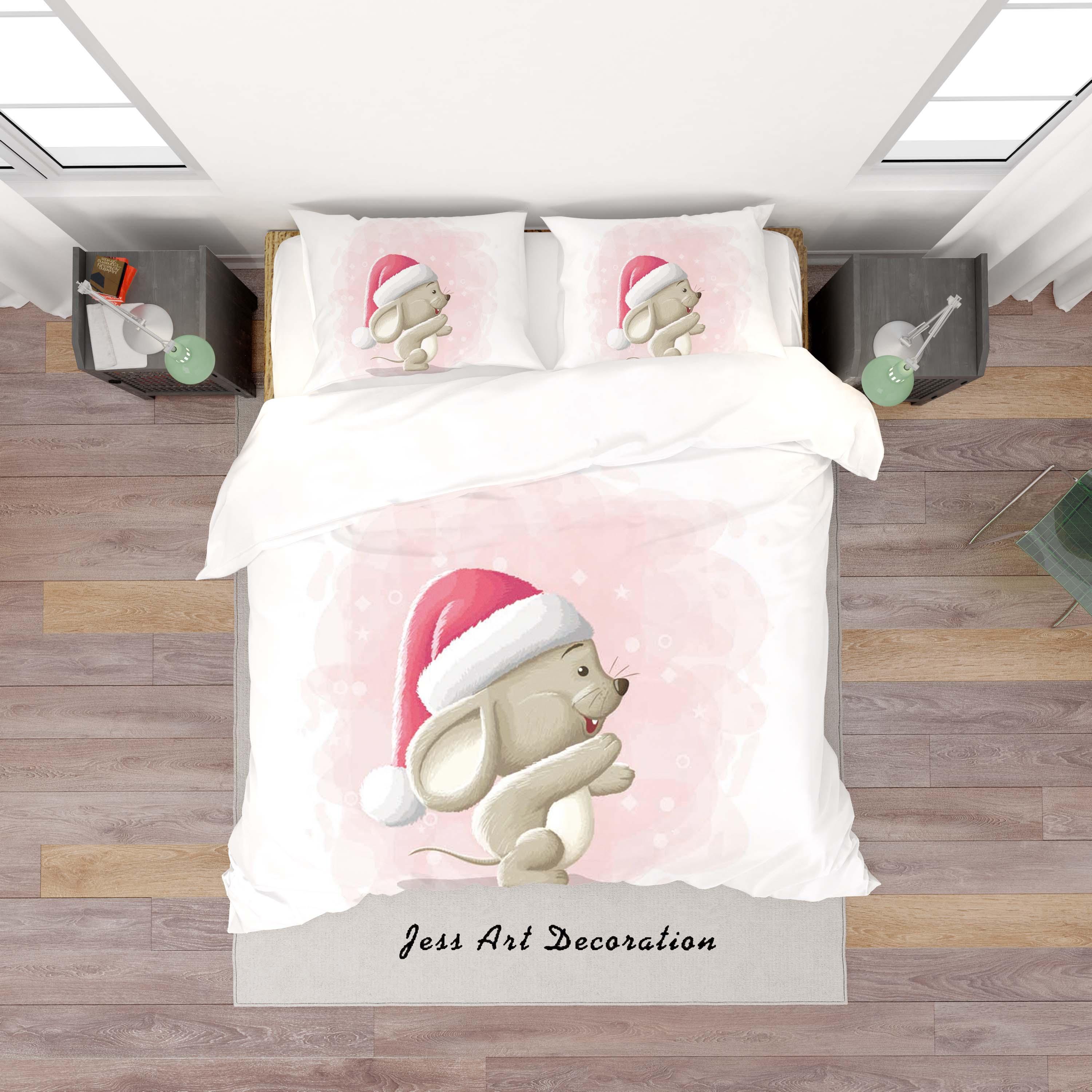 3D White Mouse Christmas Hat Quilt Cover Set Bedding Set Duvet Cover Pillowcases SF43- Jess Art Decoration