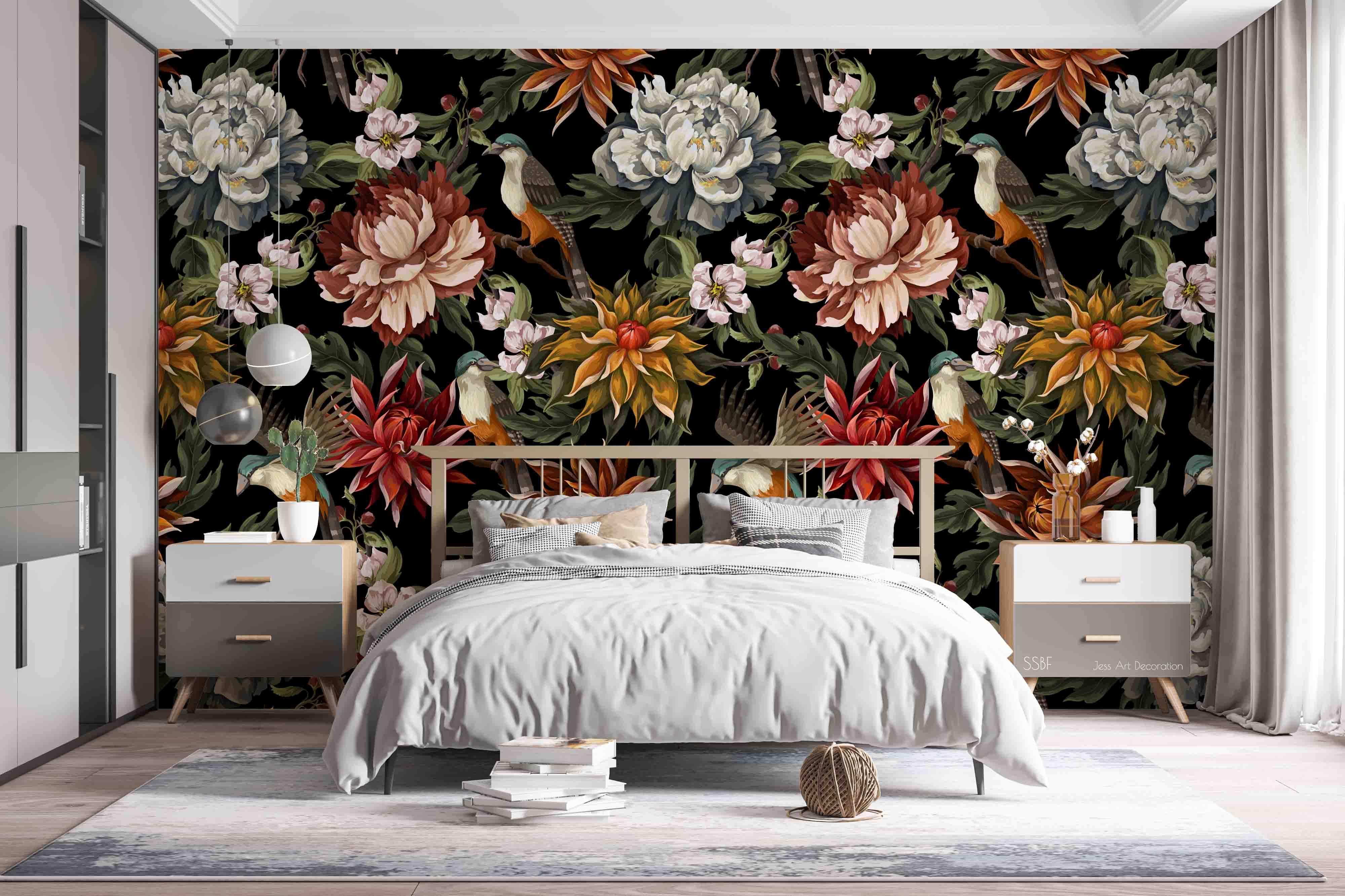 3D Vintage Blooming Flower Bird Pattern Wall Mural Wallpaper GD 3519- Jess Art Decoration