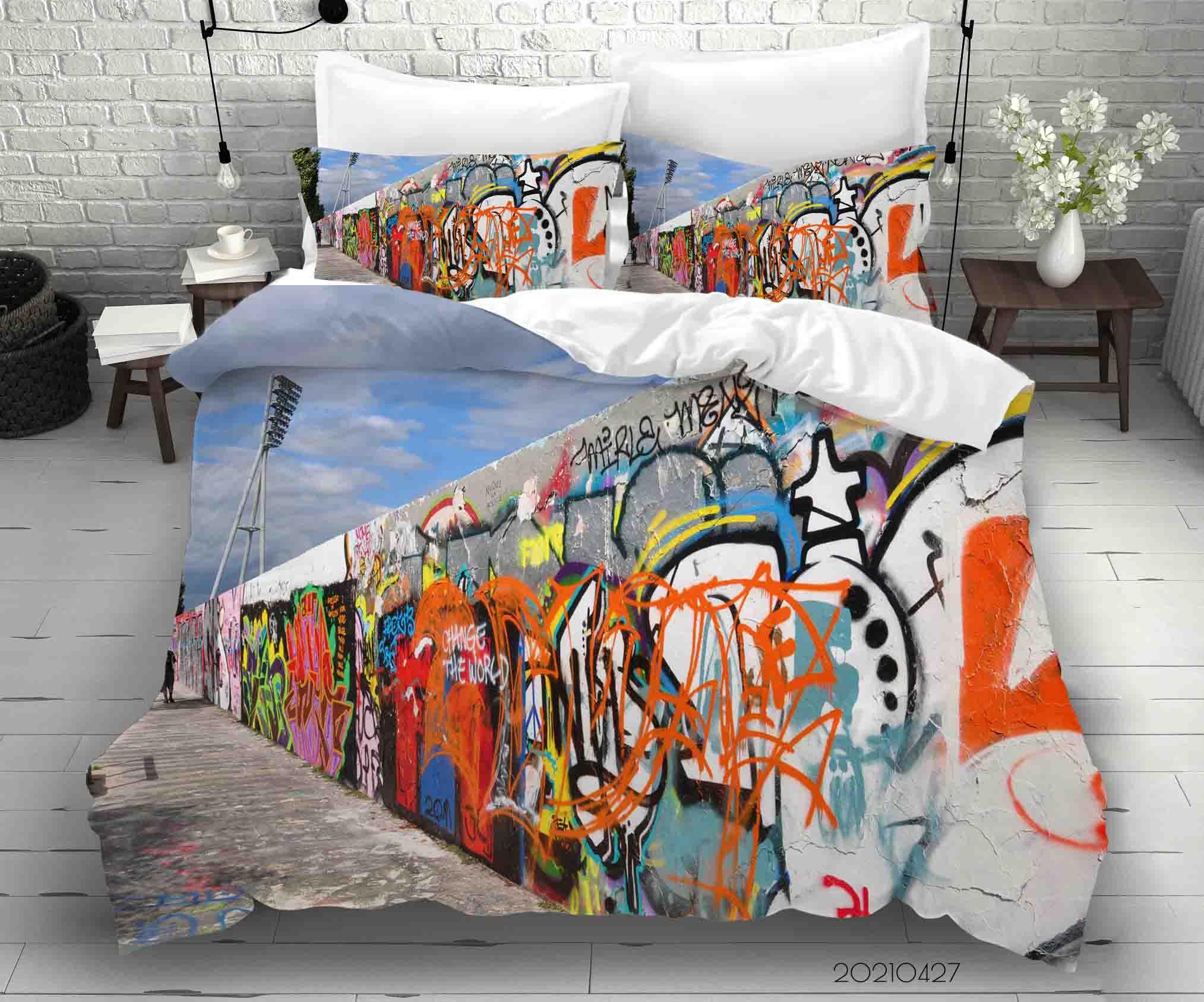 3D Abstract Colored Street Graffiti Quilt Cover Set Bedding Set Duvet Cover Pillowcases 71- Jess Art Decoration