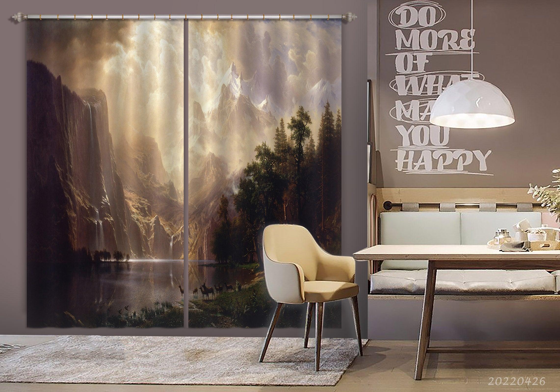 3D Landscape Mountain Peak Forest River Elk Curtains and Drapes GD 4846- Jess Art Decoration