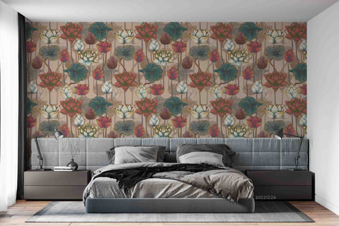 3D Vintage Colorful Blooming Lotus Art Wall Mural Wallpaper GD 1931- Jess Art Decoration