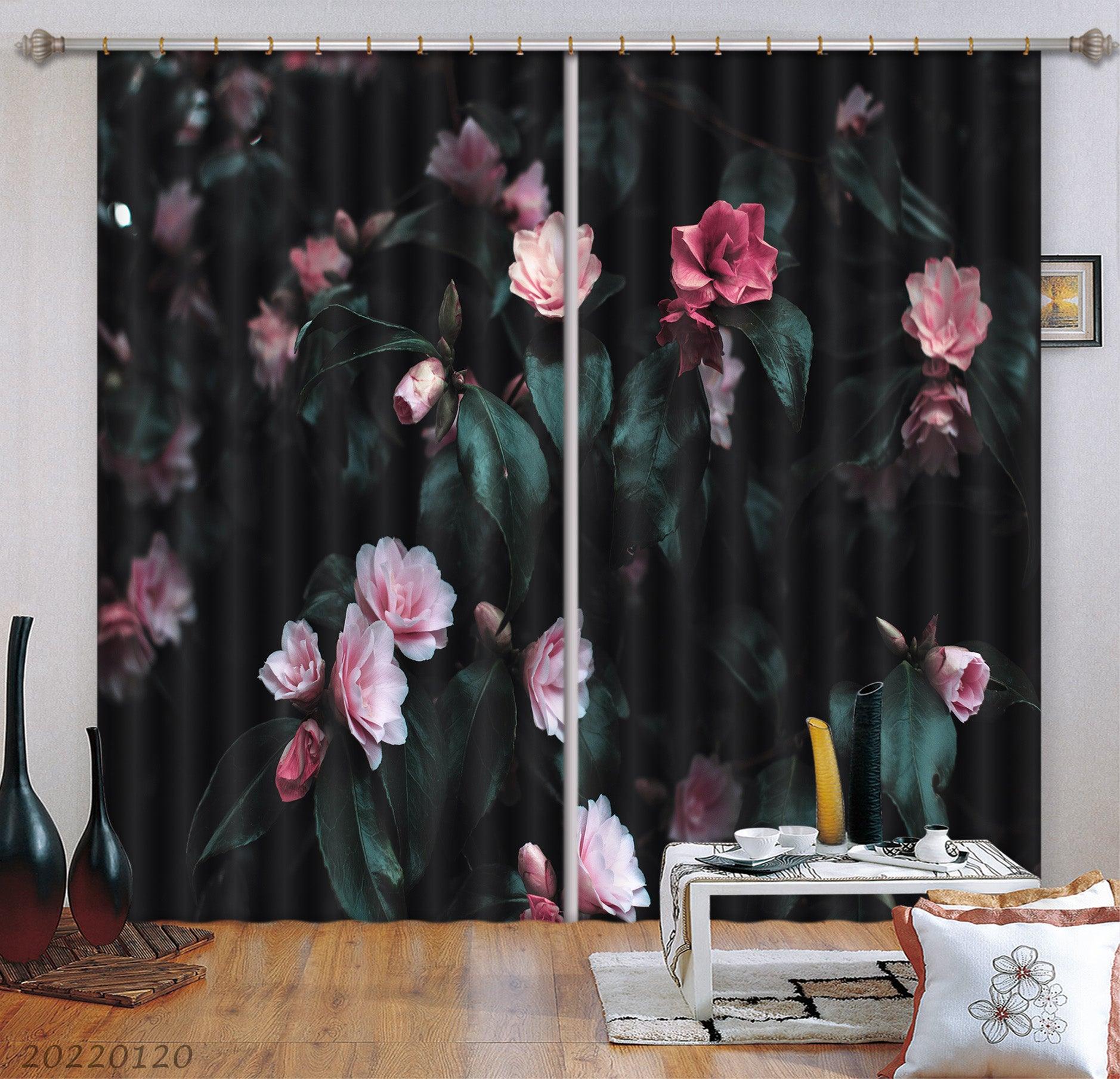 3D Vintage Pink Flower Dark Green Leaf Curtains and Drapes GD 1767- Jess Art Decoration