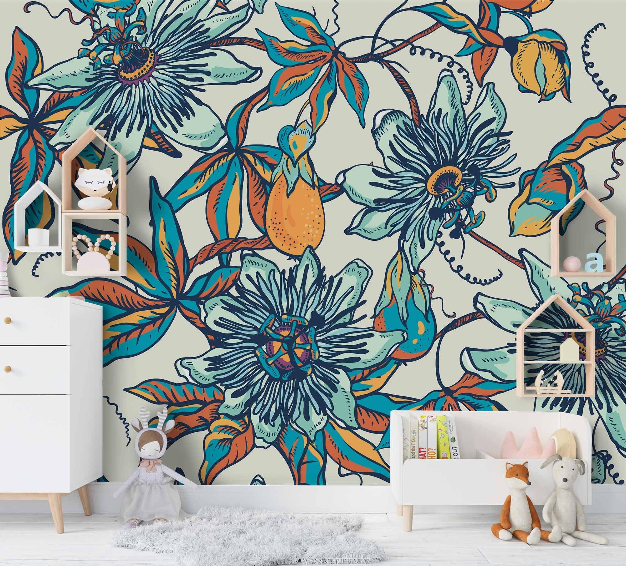 3D Hand Painted Green Flowers Wall Mural Wallpaper 50- Jess Art Decoration