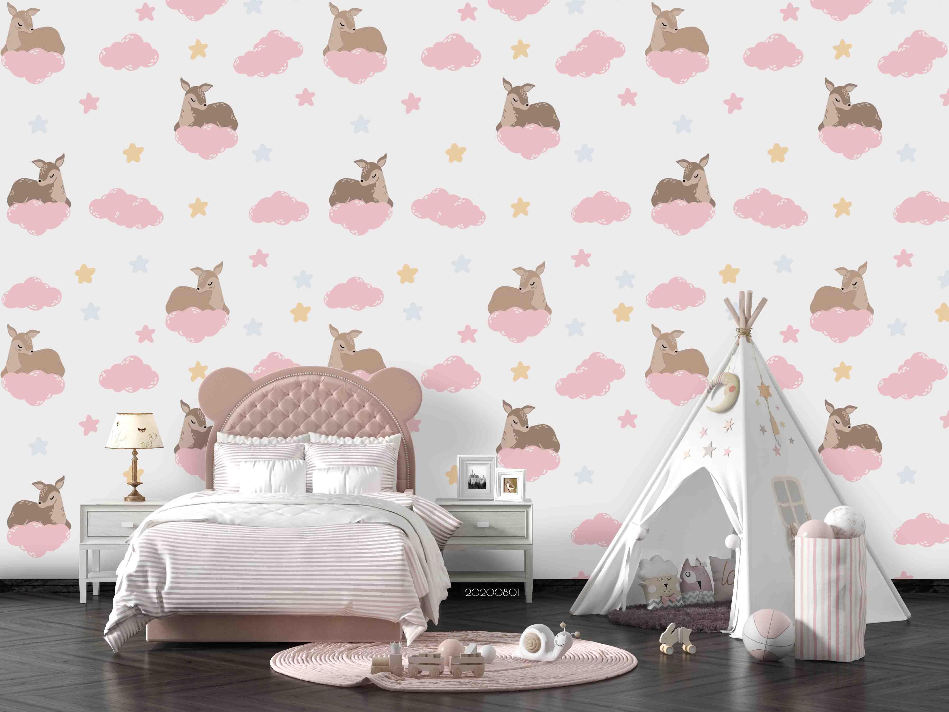 3D Pink Clouds Star Deer Wall Mural Wallpaper SF 23- Jess Art Decoration