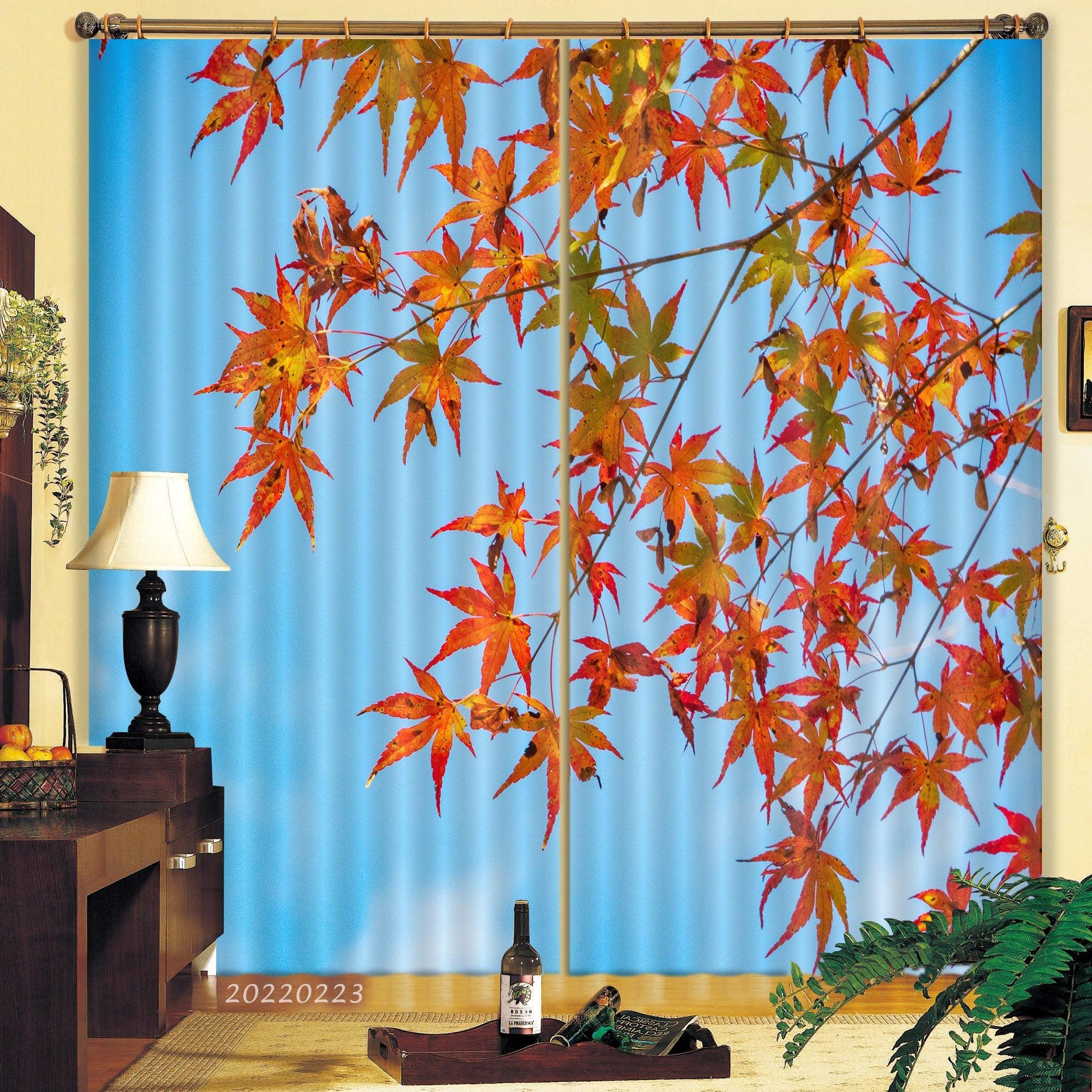3D Red Maple Leaf Blue Sky Background Curtains and Drapes GD 2349- Jess Art Decoration