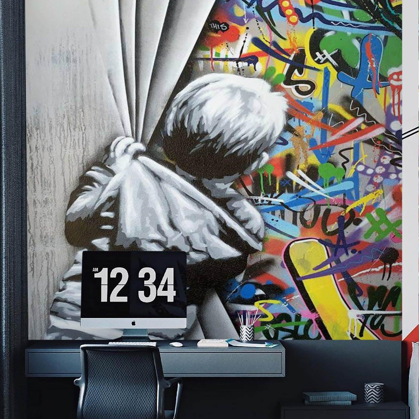 3D Boy Curtain Colourful World Banksy Mural Wall Mural Wallpaper ZY D99- Jess Art Decoration
