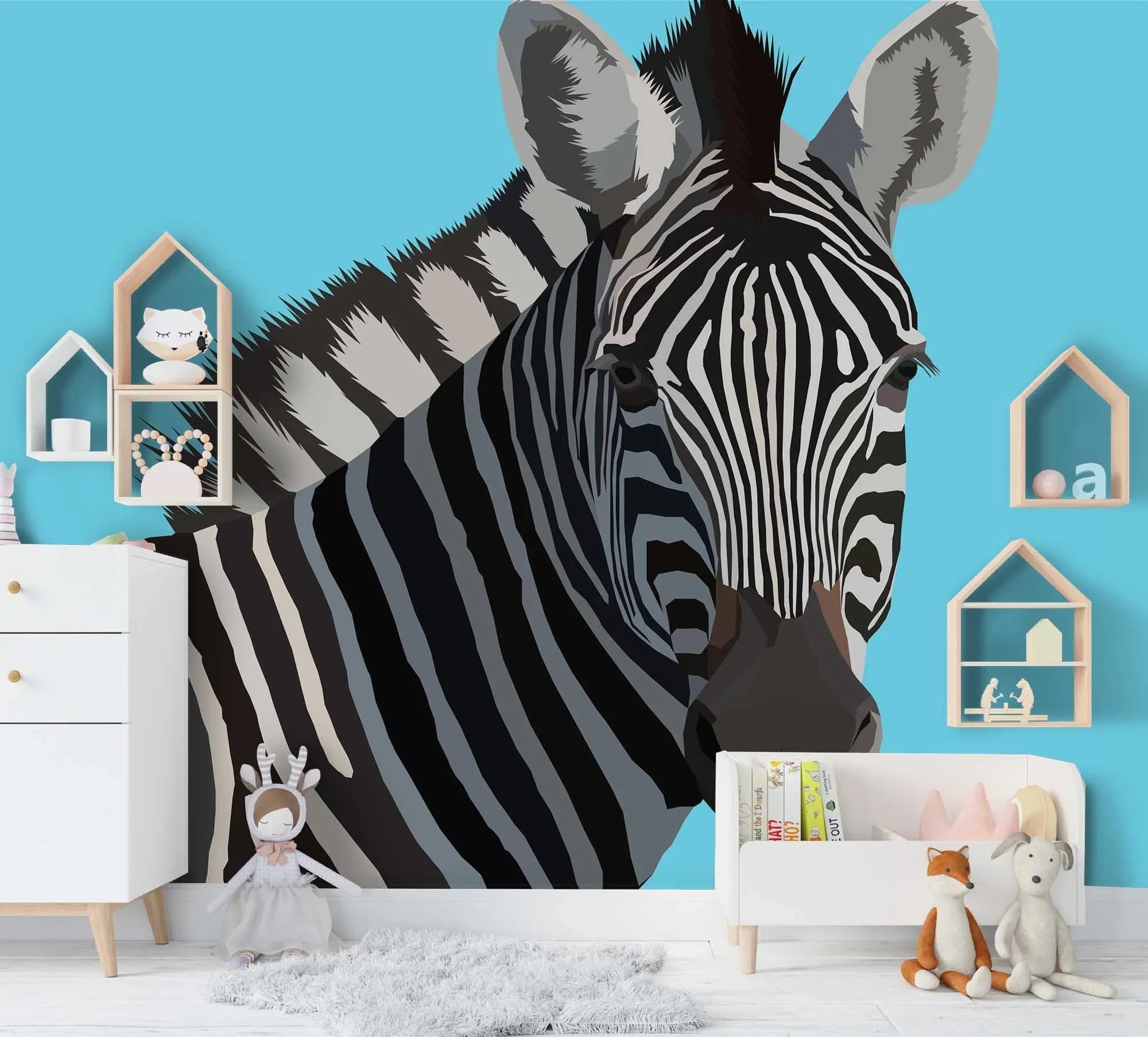 3D Grassland Animals Zebra Blue Background Wall Mural Wallpaper ZY D14- Jess Art Decoration