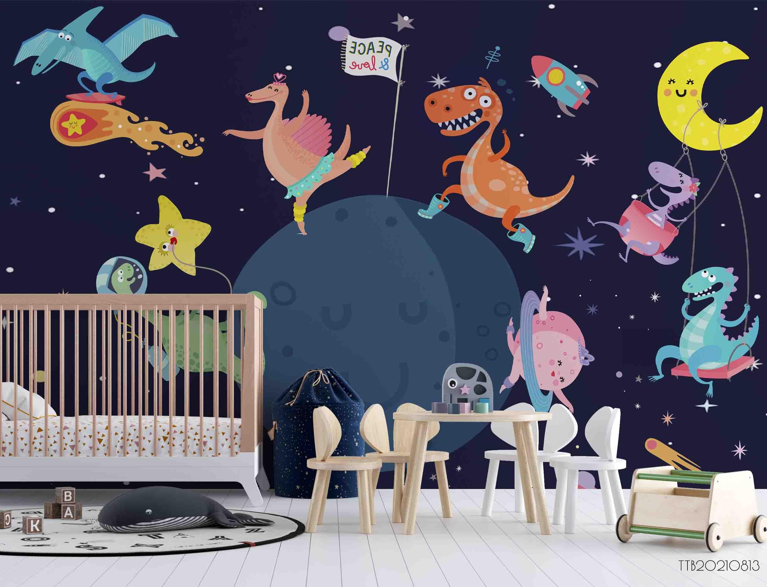 3D Hand-painted Cartoon Dinosaur Space Wall Mural WallpaperSWW5109- Jess Art Decoration
