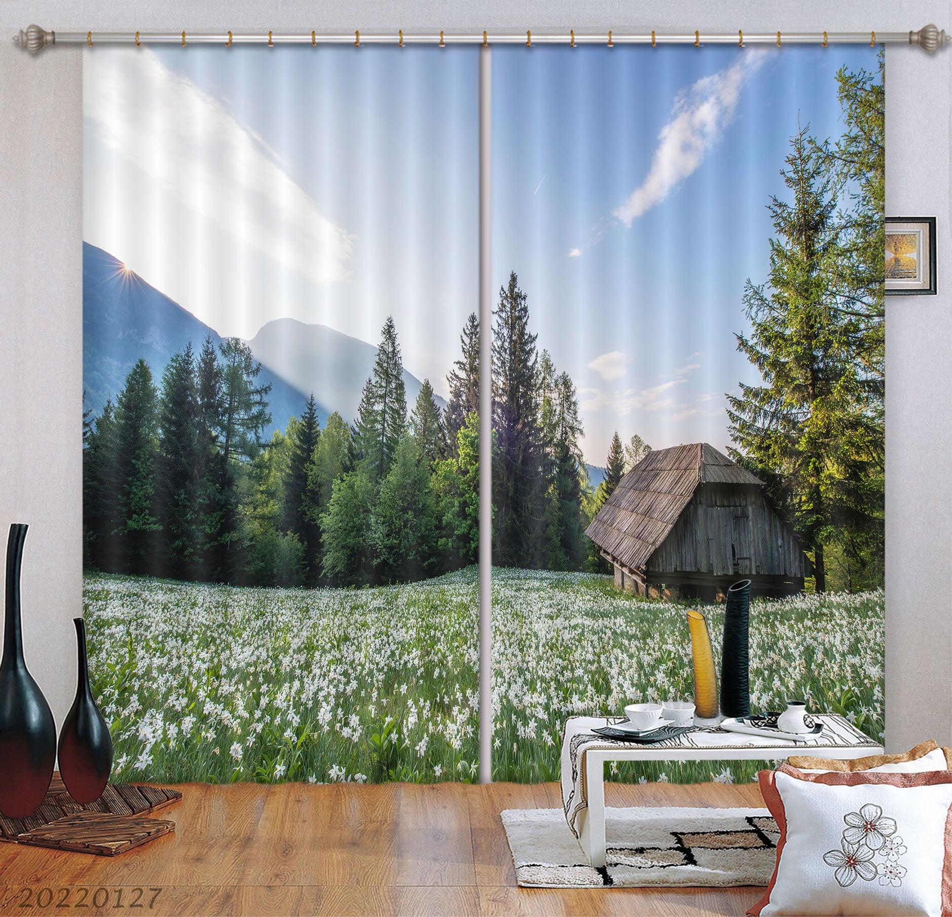 3D Green Plant Flower Log Cabin Metasequoia Curtains and Drapes GD 1536- Jess Art Decoration