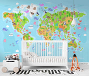 3D Animal Map World Cartoon Wall Mural Wallpaper SWW4452- Jess Art Decoration