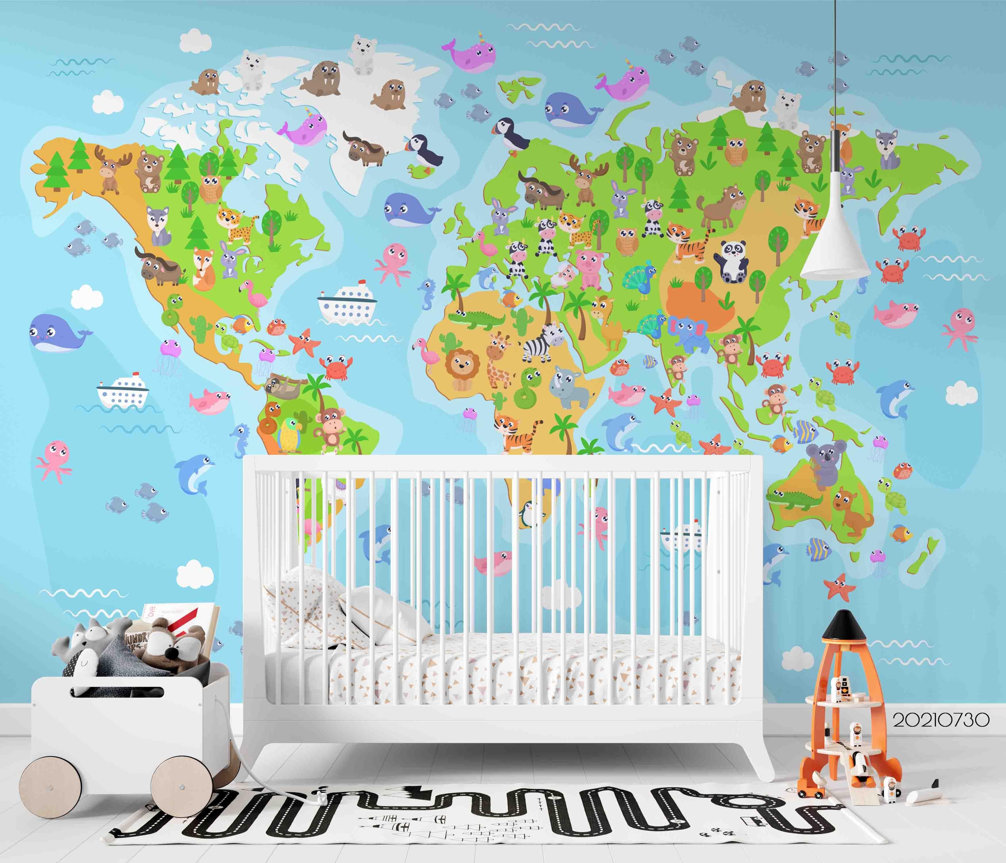 3D Animal Map World Cartoon Wall Mural Wallpaper SWW4452- Jess Art Decoration