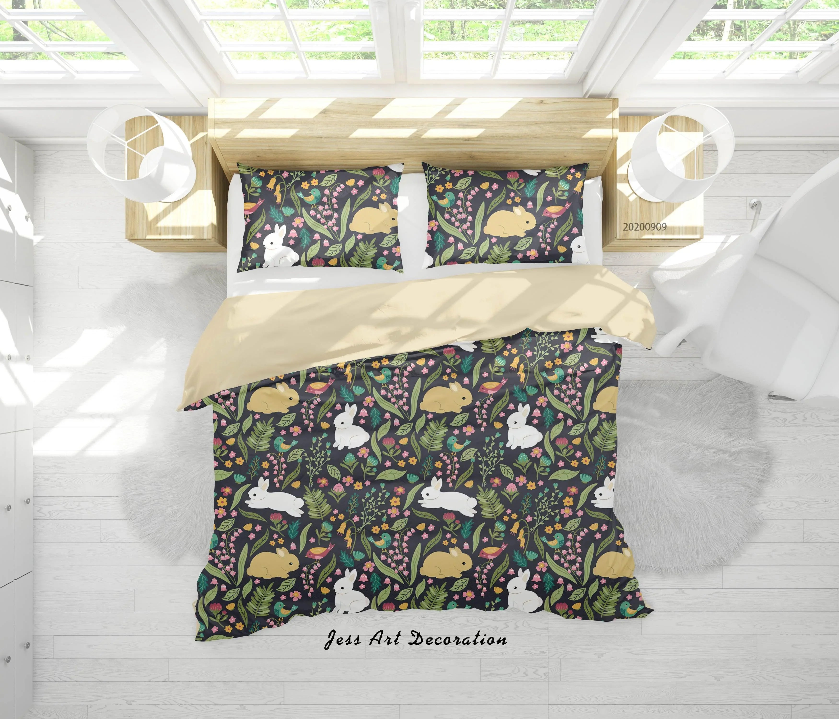 3D Cartoon Animal Rabbit Leaves Pattern Quilt Cover Set Bedding Set Duvet Cover Pillowcases WJ 6027- Jess Art Decoration