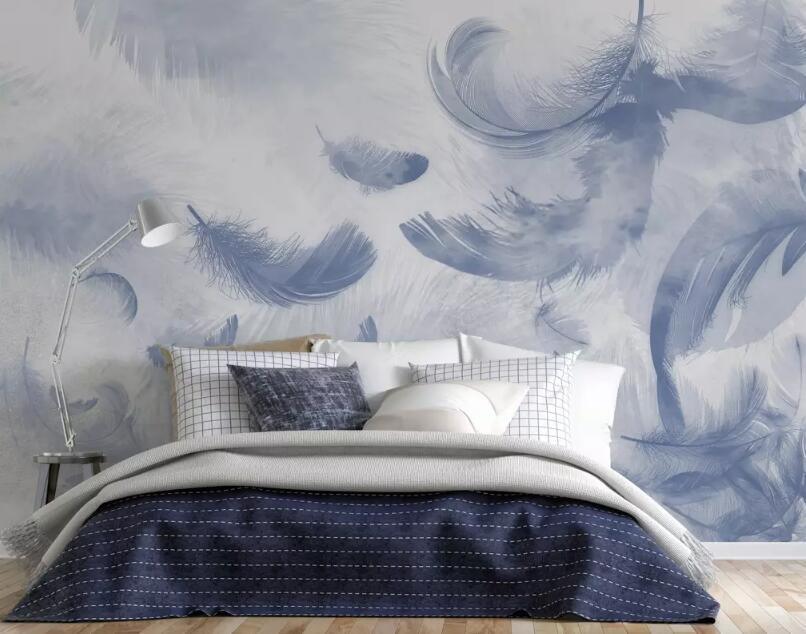 3D Watercolor Feather Blue Wall Mural Removable 122- Jess Art Decoration