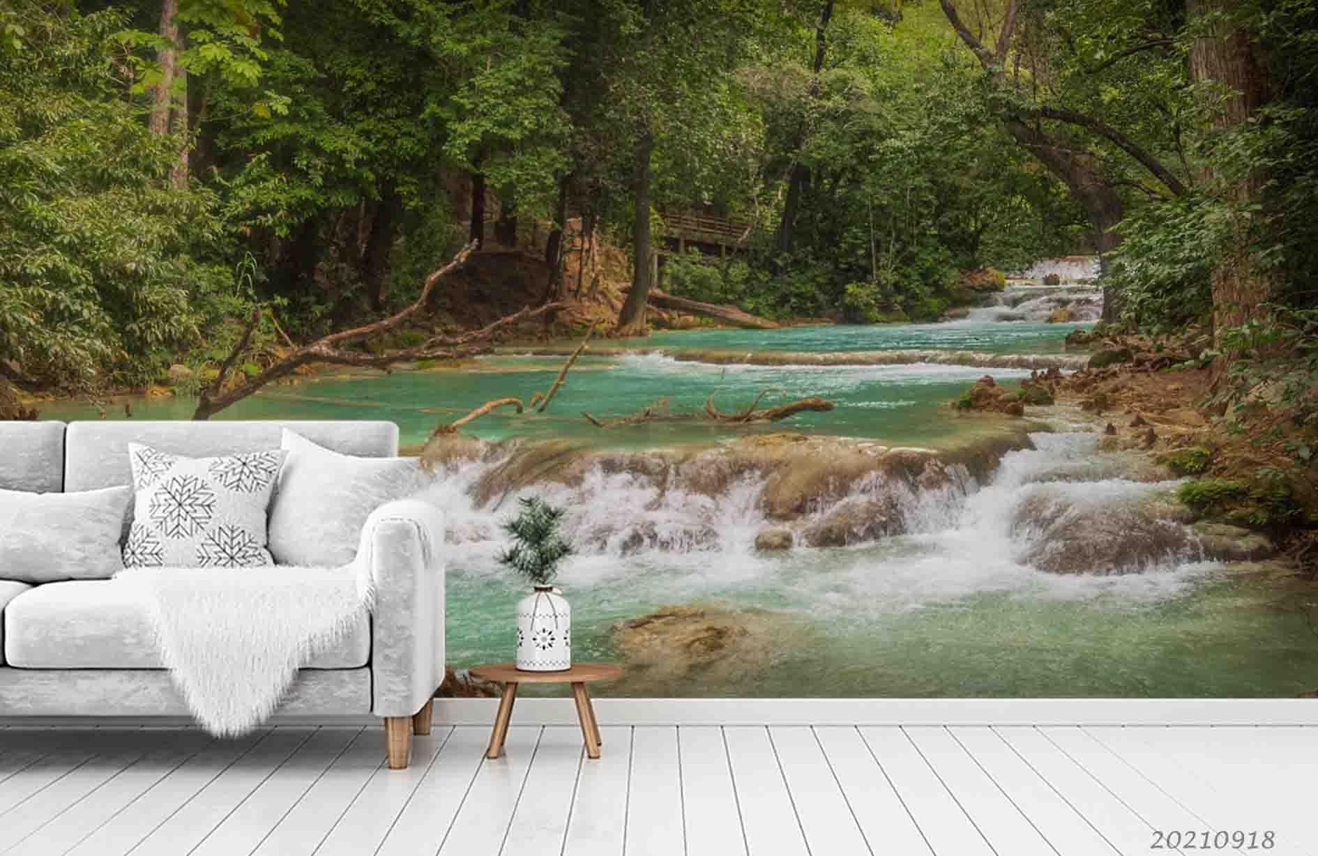 3D Landscape Green Forest River Wall Mural Wallpaper LQH 462- Jess Art Decoration