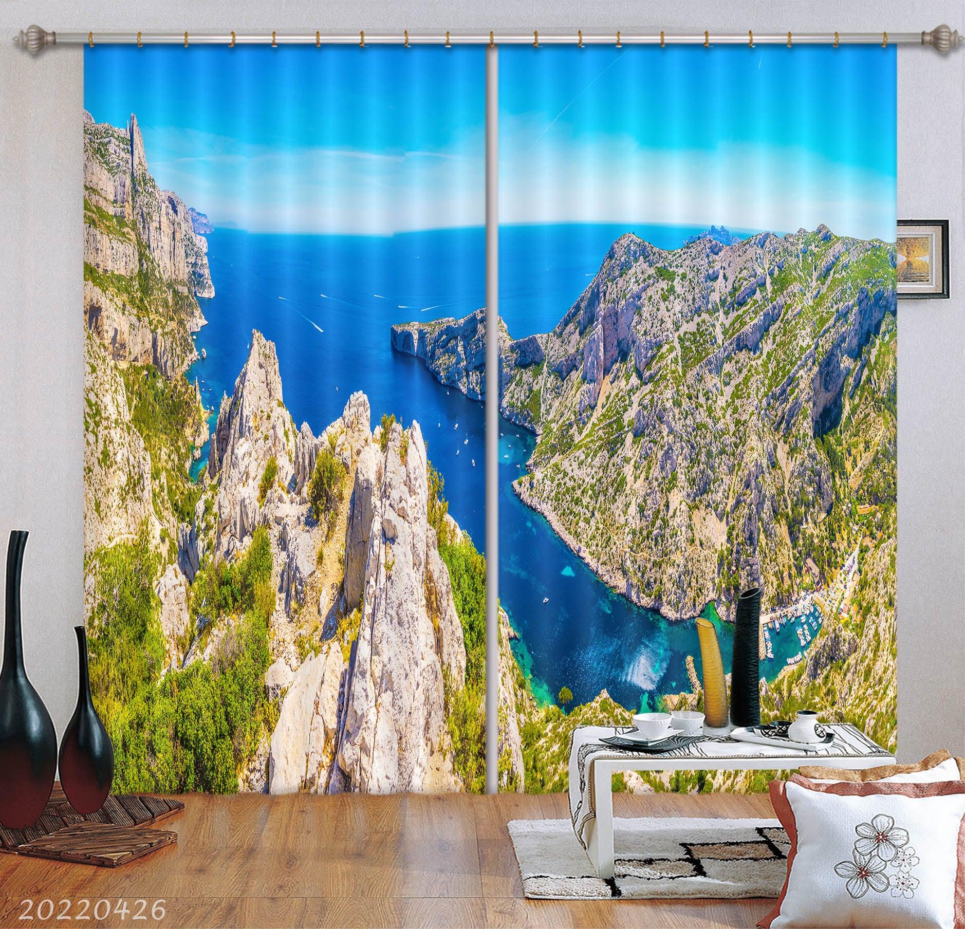 3D Landscape Mountain Peak Blue Sea Curtains and Drapes GD 4882- Jess Art Decoration
