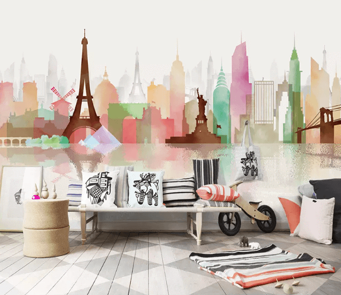 3D Modern Watercolor City Eiffel Tower Wall Murals 211- Jess Art Decoration