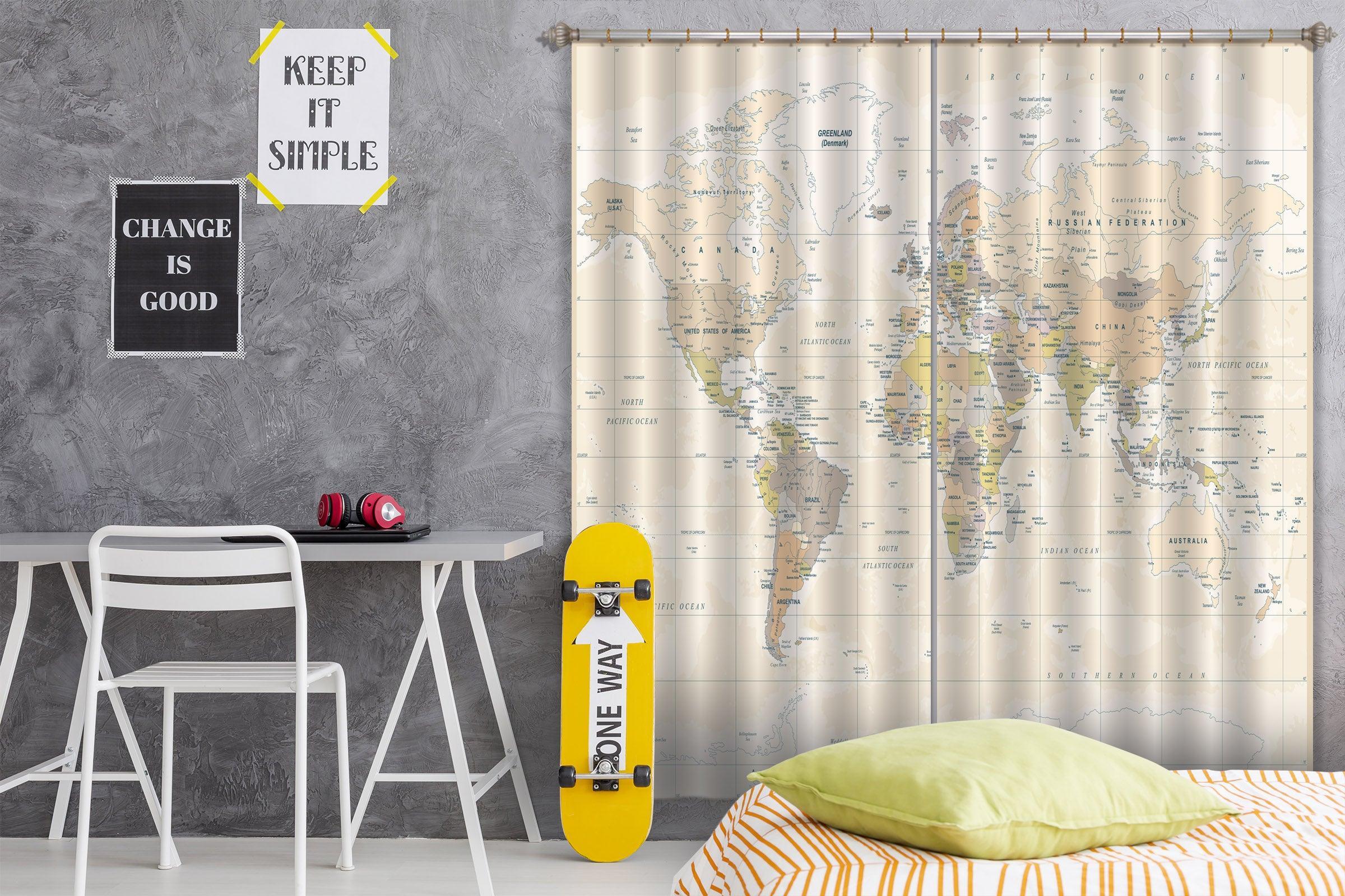 3D World Map Khaki Curtains and Drapes A60- Jess Art Decoration