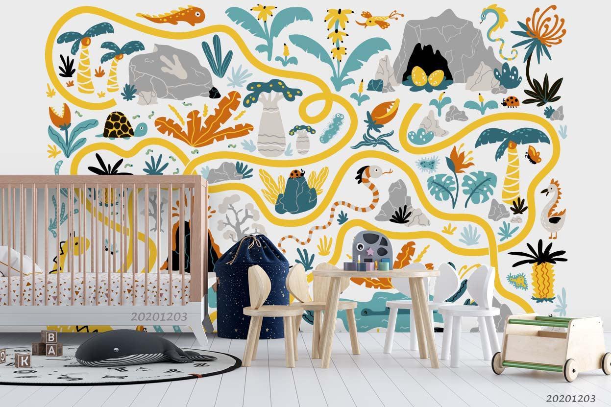 3D Cartoon Colorful Leaves Plant Yellow Line Wall Mural Wallpaper LXL- Jess Art Decoration