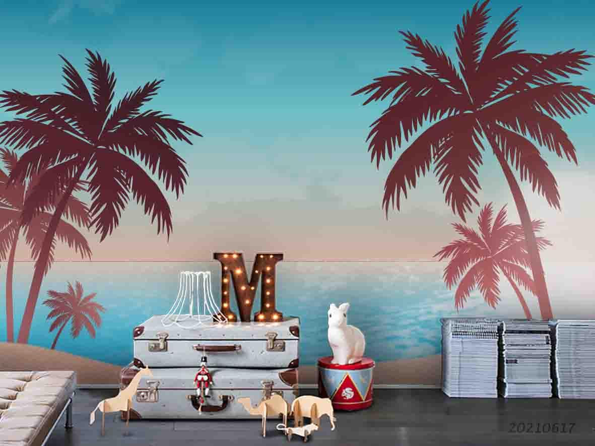 3D Blue Sky Sea Coconut Tree Wall Mural Wallpaper LQH 126- Jess Art Decoration