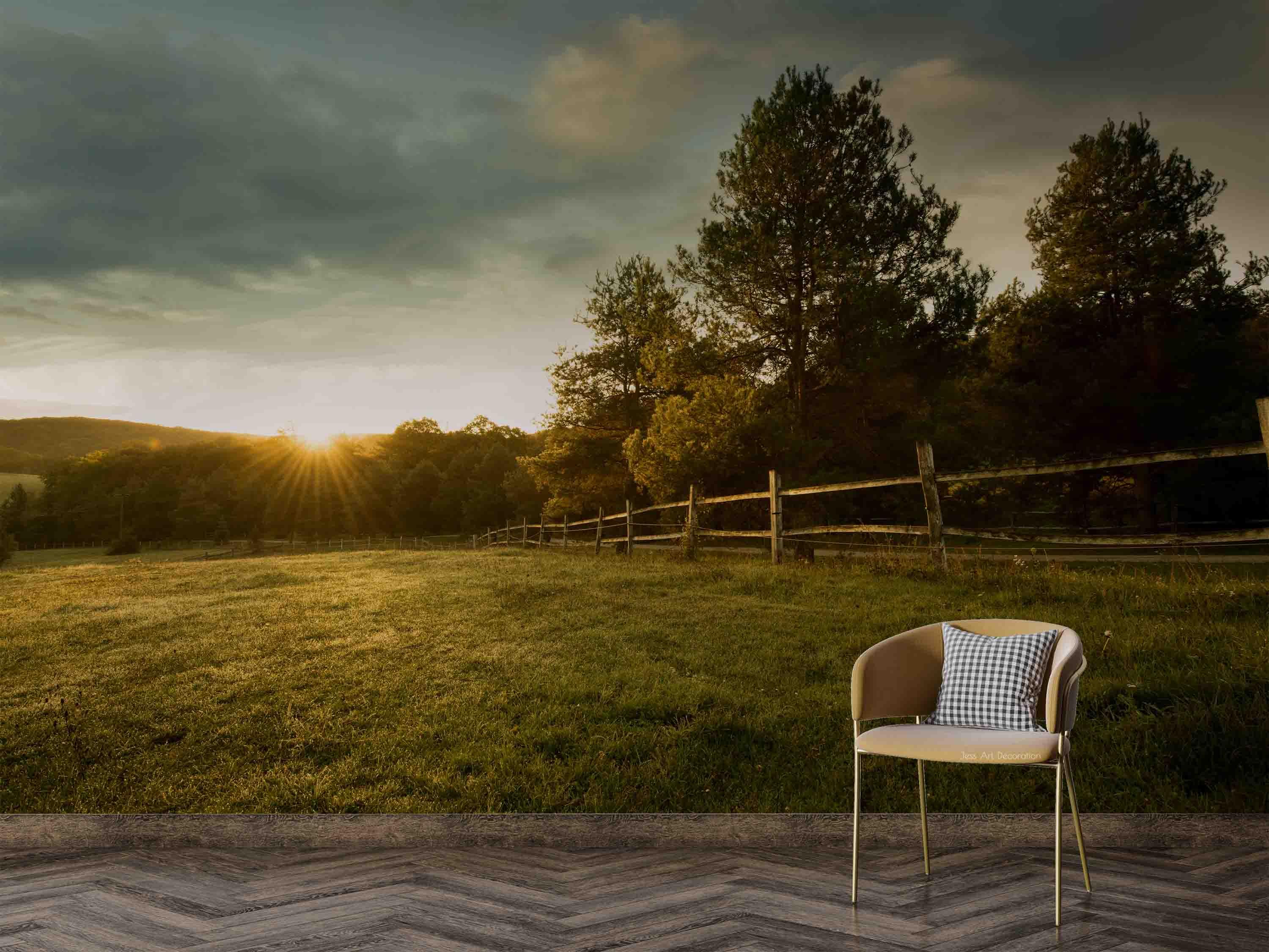 3D Green Grass Fence Trees Wall Mural Wallpaper GD 2296- Jess Art Decoration