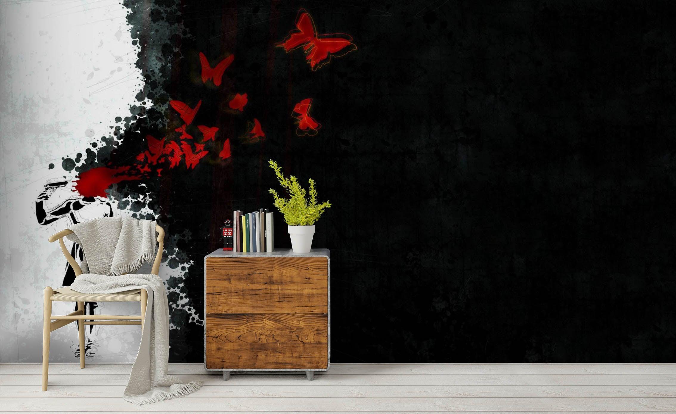 3D Black White Banksy Suicide Red Blood Butterfly Wall Mural Wallpaper ZY D121- Jess Art Decoration