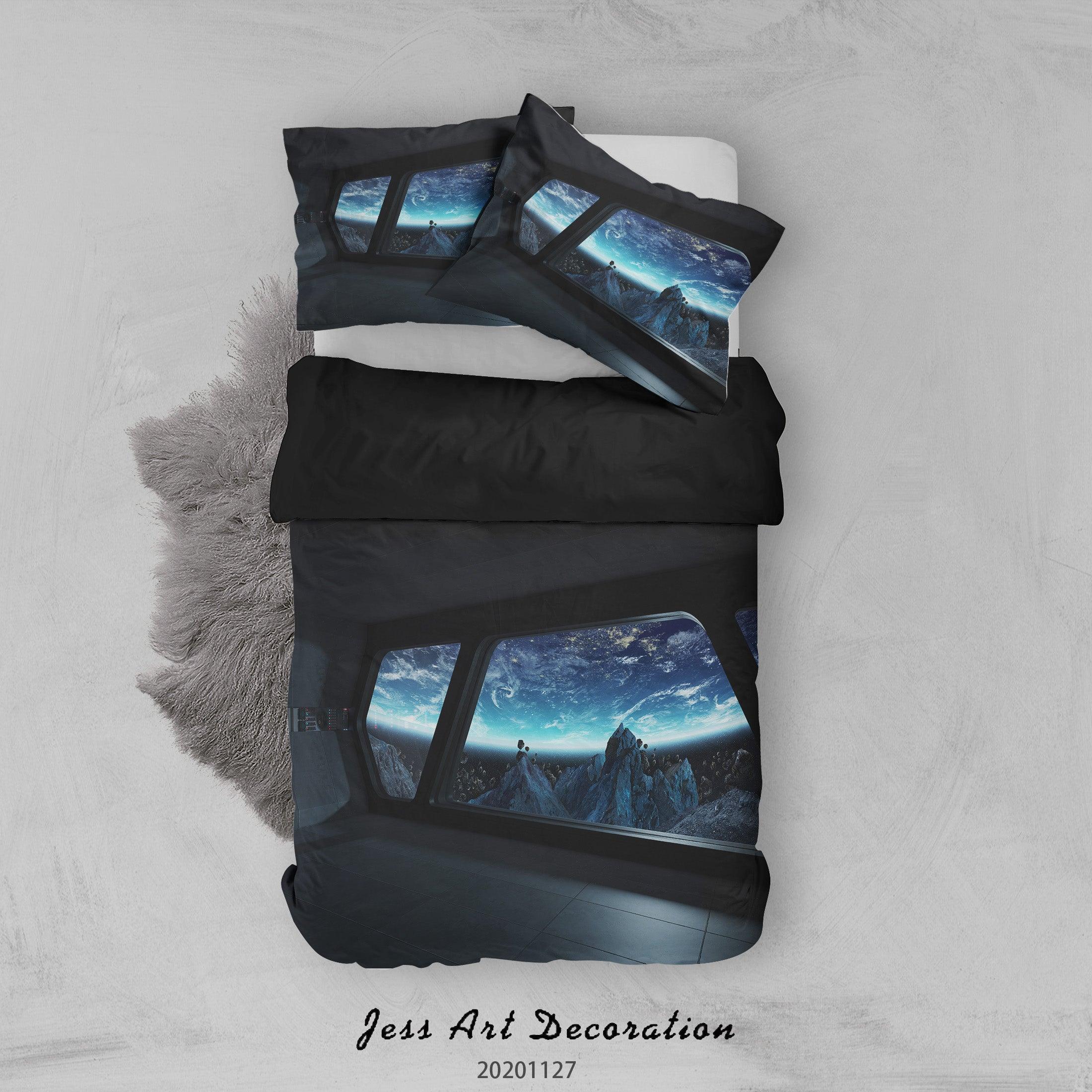 3D Spaceship Window Planet Earth Blue Glowing Quilt Cover Set Bedding Set Duvet Cover Pillowcases LXL- Jess Art Decoration