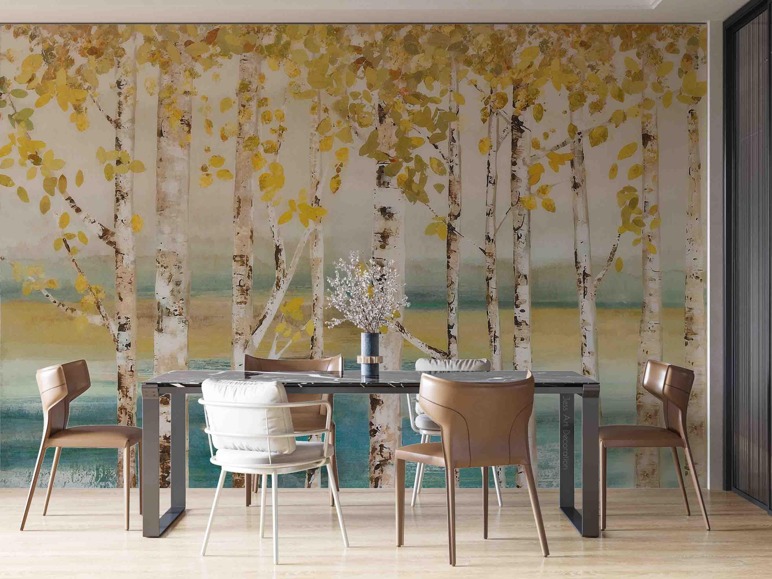 3D Birch Forest Golden Leaf Lake Wall Mural Wallpaper GD 2759- Jess Art Decoration