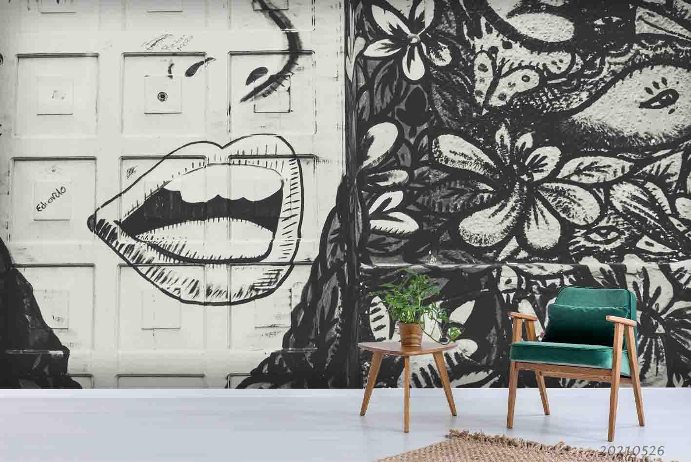 3D  Abstract Graffiti Mouth Black White Floral Wall Mural Wallpaper SWW278- Jess Art Decoration