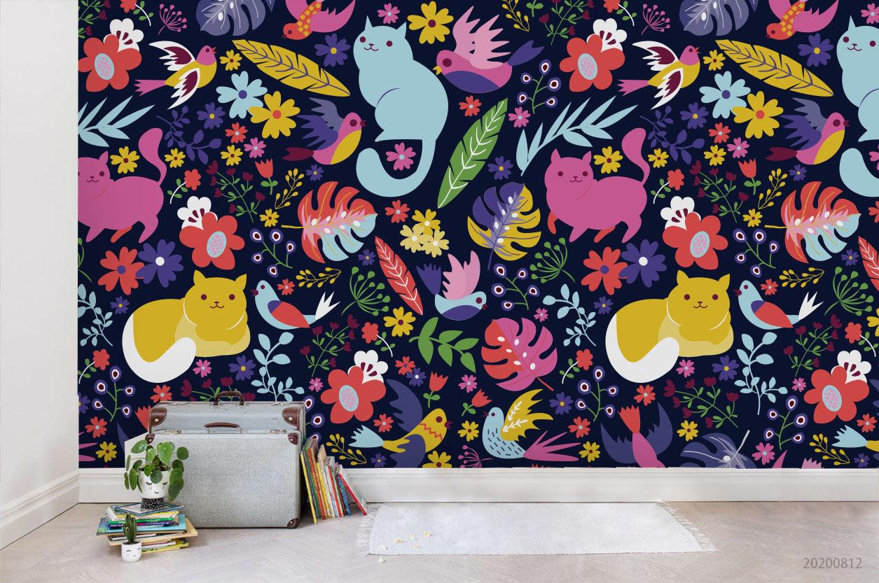 3D Cartoon Colorful Floral Cat Wall Mural Wallpaper LXL 1116- Jess Art Decoration