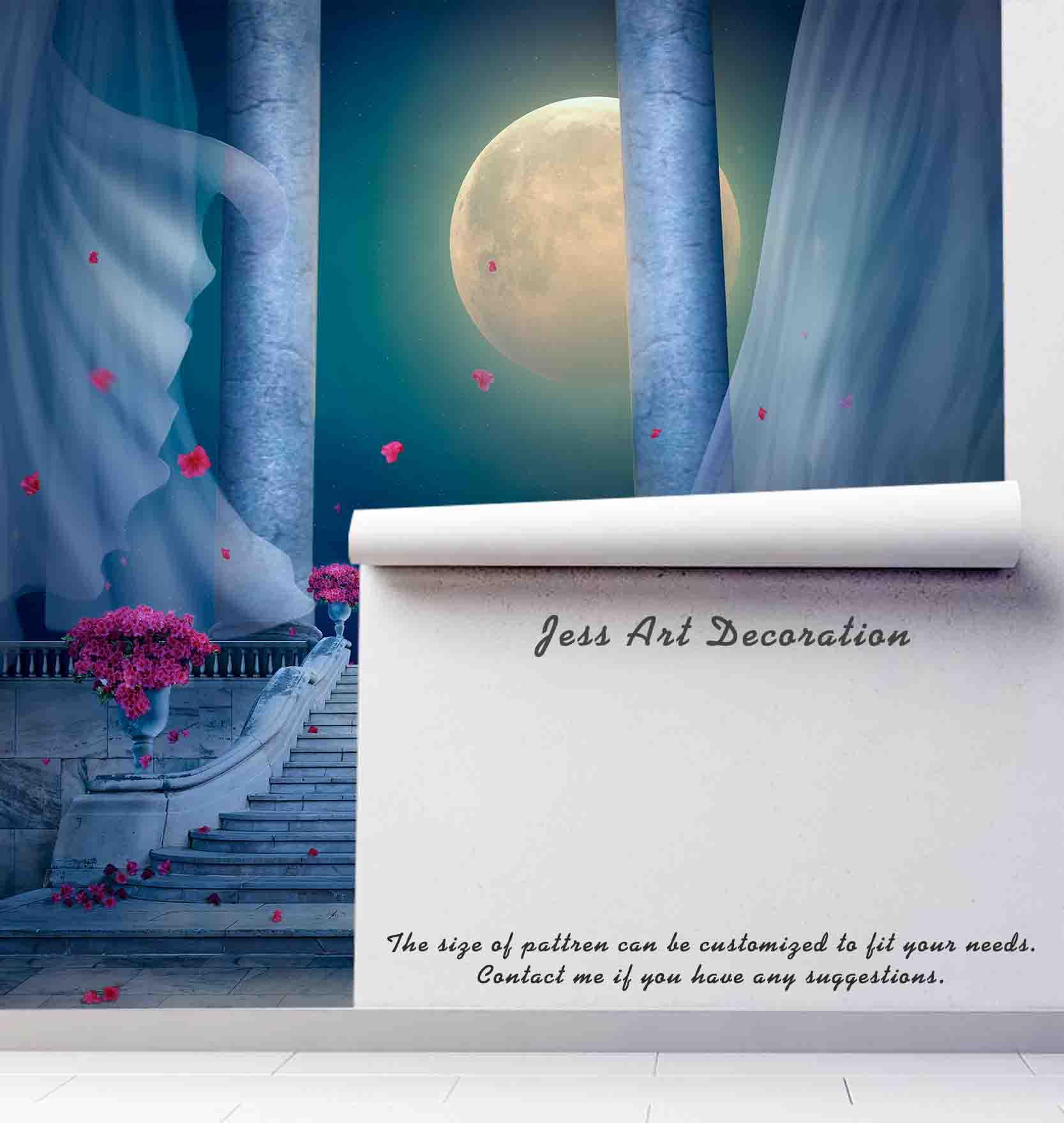 3D Moon Sky Flower Steps Curtain Pillar Wall Mural Wallpaper 95- Jess Art Decoration